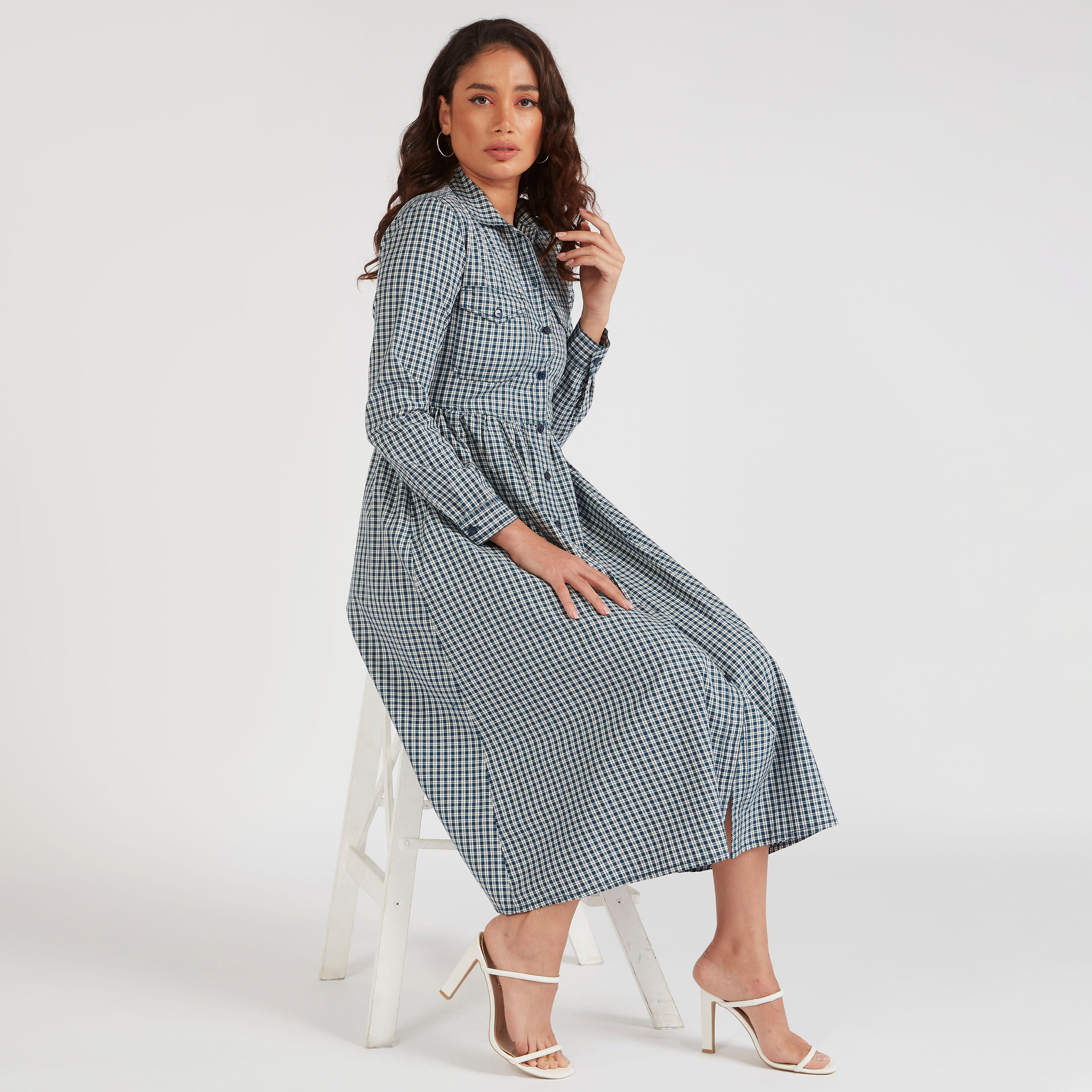 فستان قميص كاروهات ميدي إيه لاين وجيوب بطيّة-women-clothing-dresses-image-2