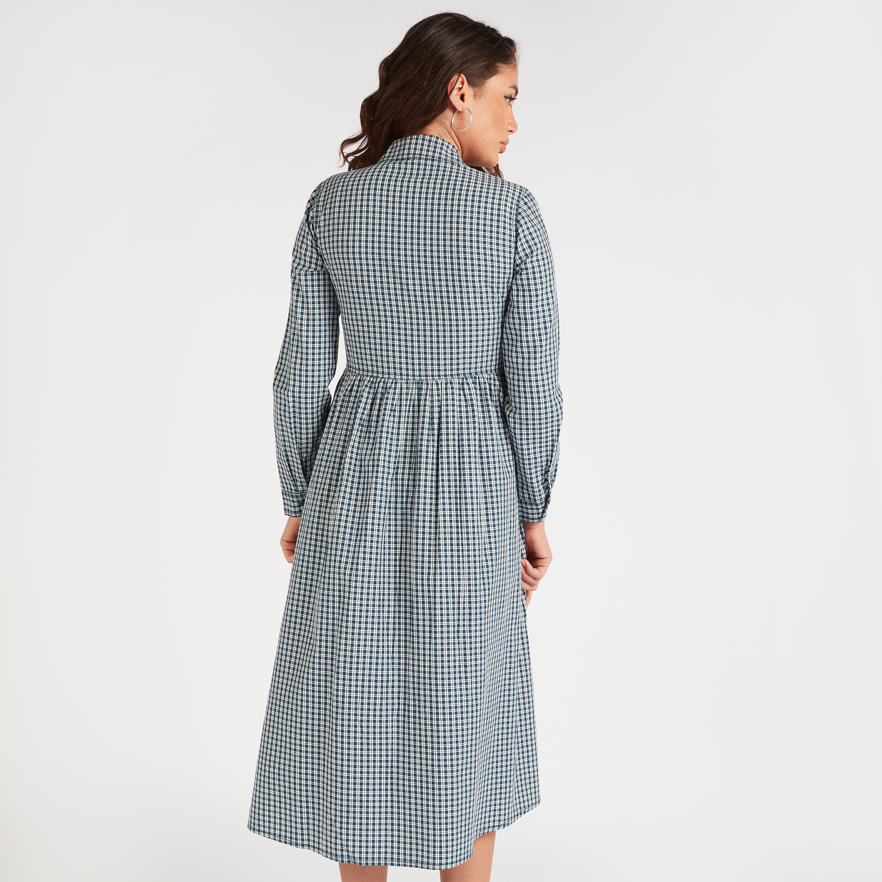 فستان قميص كاروهات ميدي إيه لاين وجيوب بطيّة-women-clothing-dresses-image-5