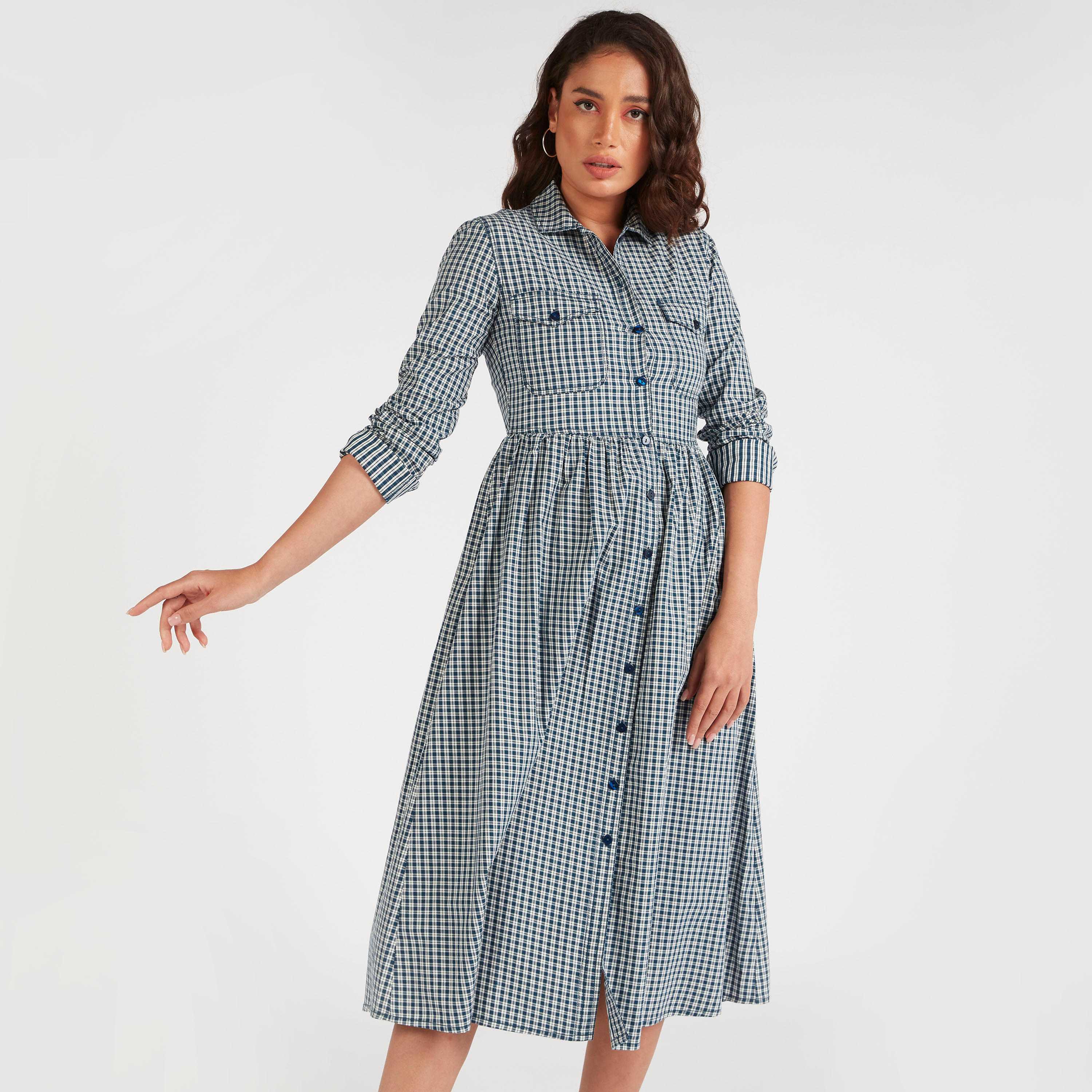 فستان قميص كاروهات ميدي إيه لاين وجيوب بطيّة-women-clothing-dresses-image-8