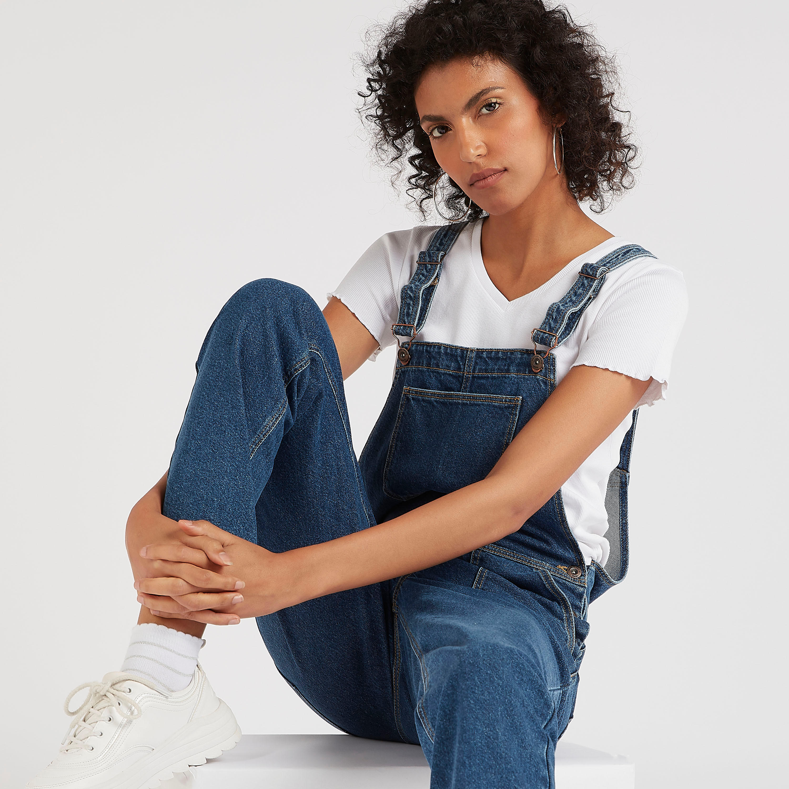 Solid Sleeveless Maxi Denim Dungarees with Pockets-women-clothing-jumpsuits-image-1