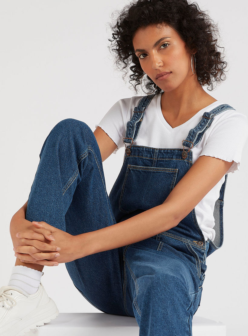 Solid Sleeveless Maxi Denim Dungarees with Pockets-women-clothing-jumpsuits-image-1