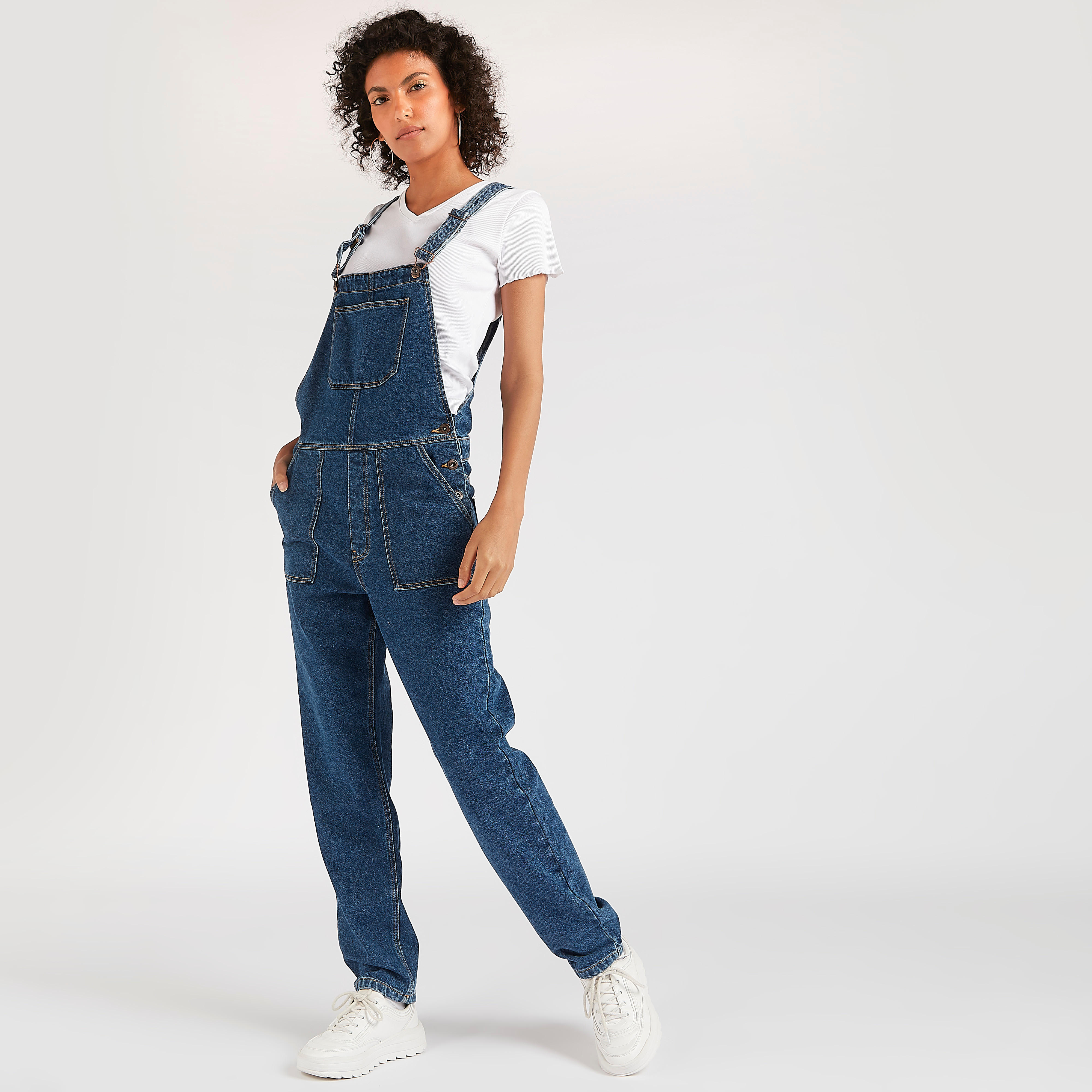 Solid Sleeveless Maxi Denim Dungarees with Pockets-women-clothing-jumpsuits-image-2