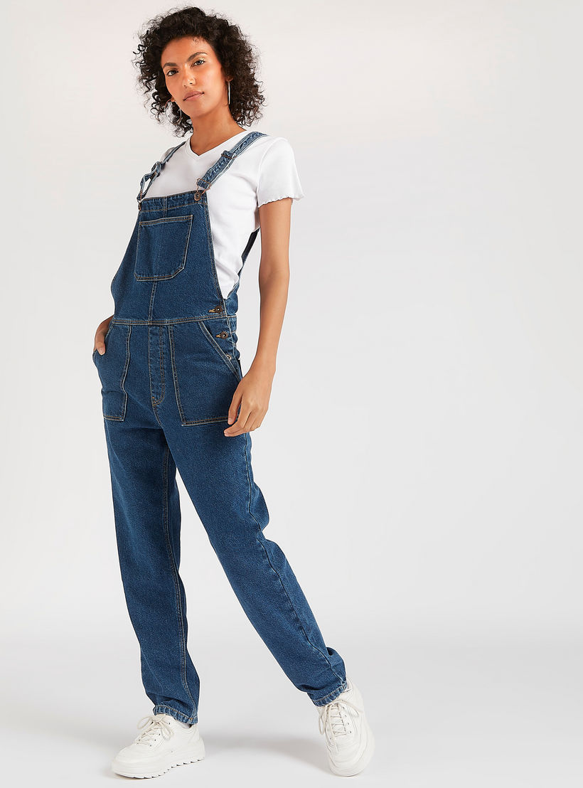 Solid Sleeveless Maxi Denim Dungarees with Pockets-women-clothing-jumpsuits-image-2
