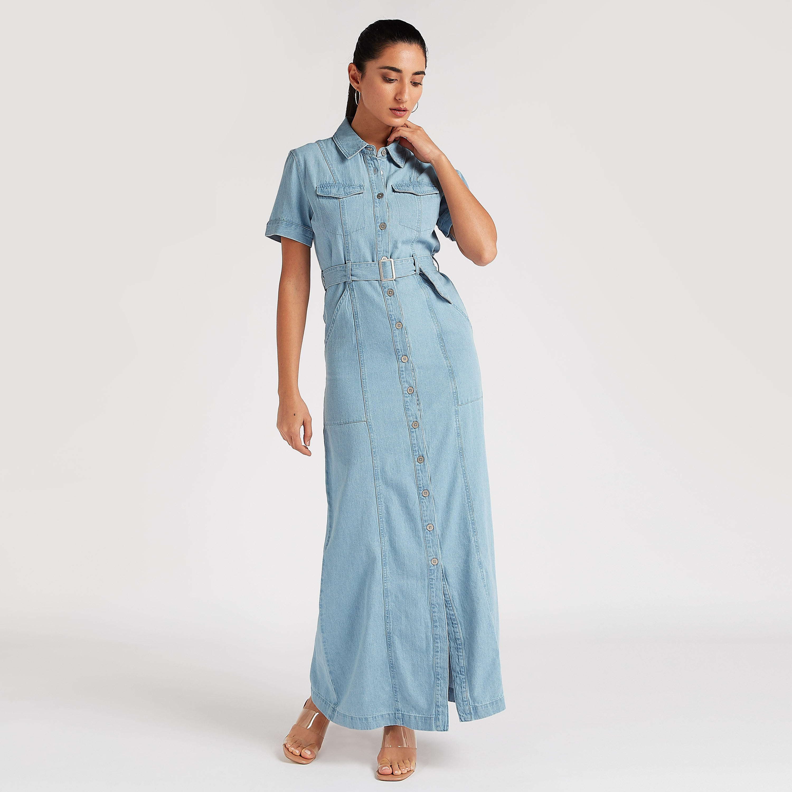 فستان قميص طويل سادة بحزام خصر وجيوب-women-clothing-dresses-image-1
