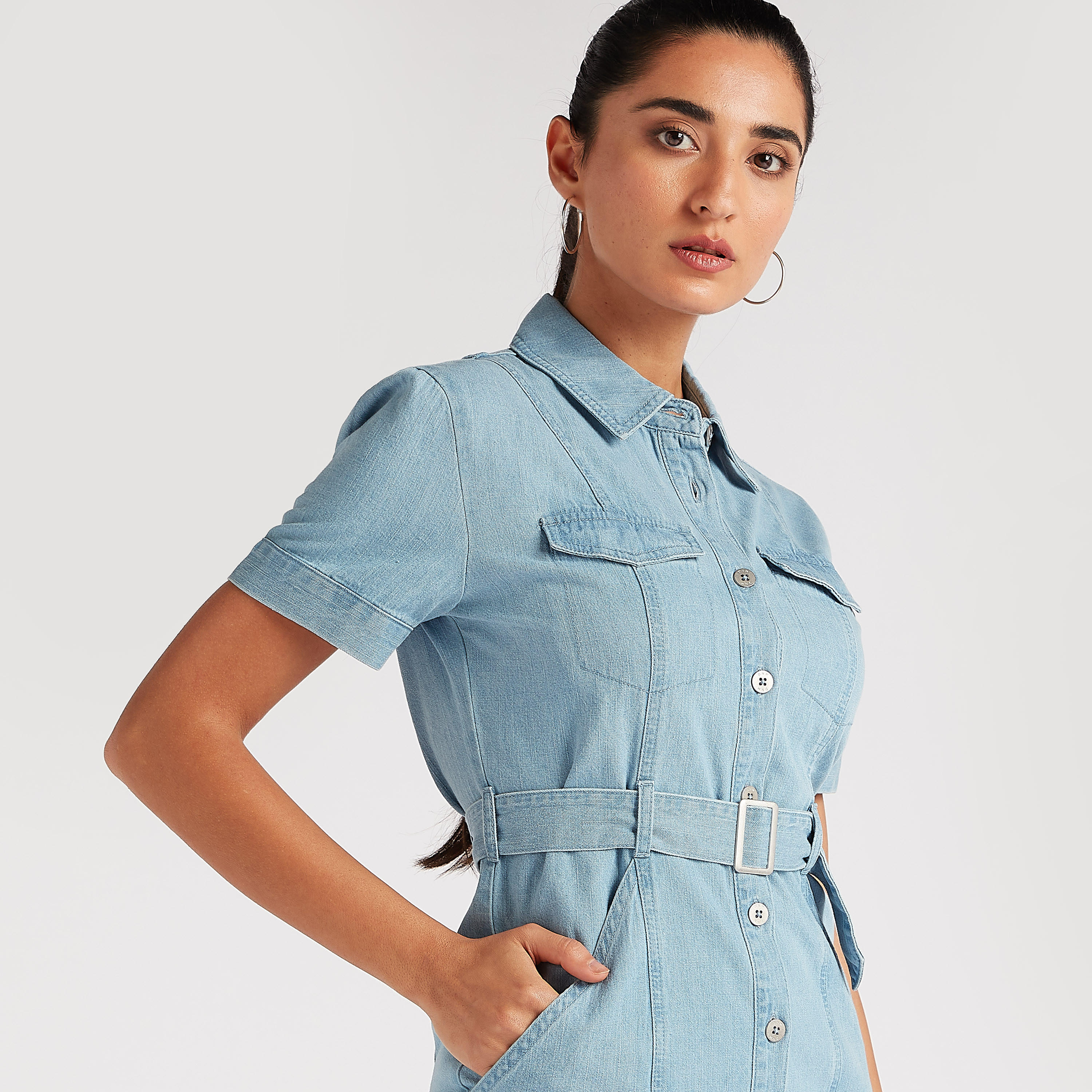 فستان قميص طويل سادة بحزام خصر وجيوب-women-clothing-dresses-image-3