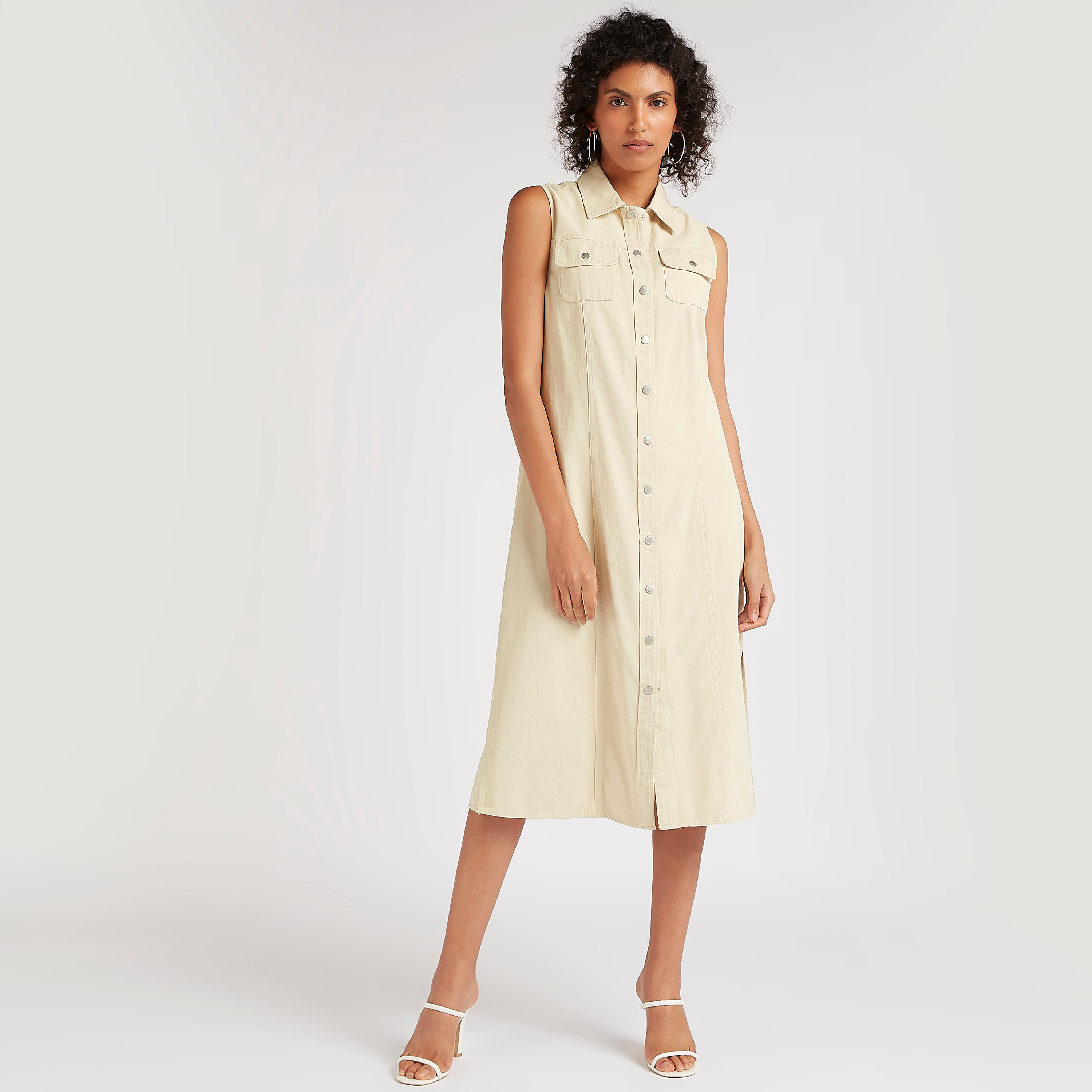 فستان ميدي إيه لاين دون أكمام وياقة عادية-women-clothing-dresses-image-3