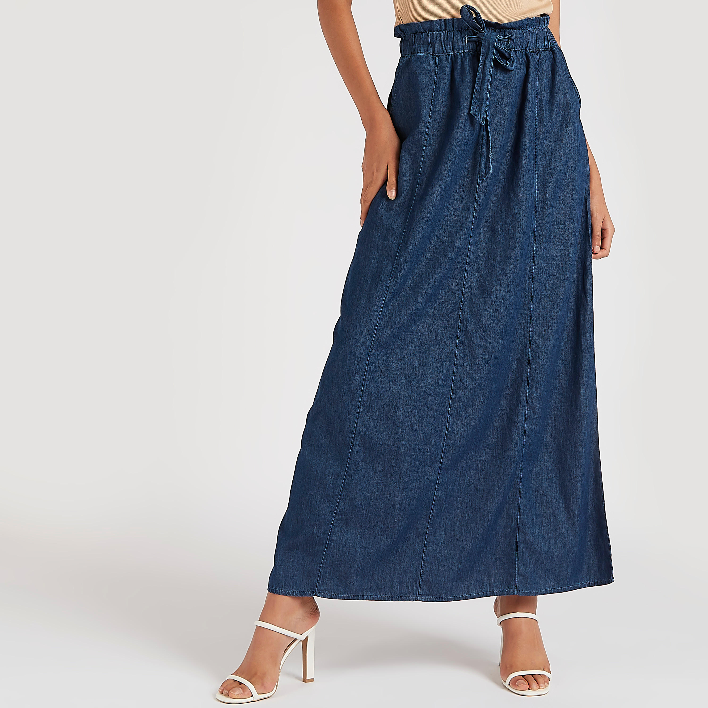 تنورة طويلة سادة إيه لاين بجيوب ورباط على الخصر-women-clothing-bottoms-skirts-image-4