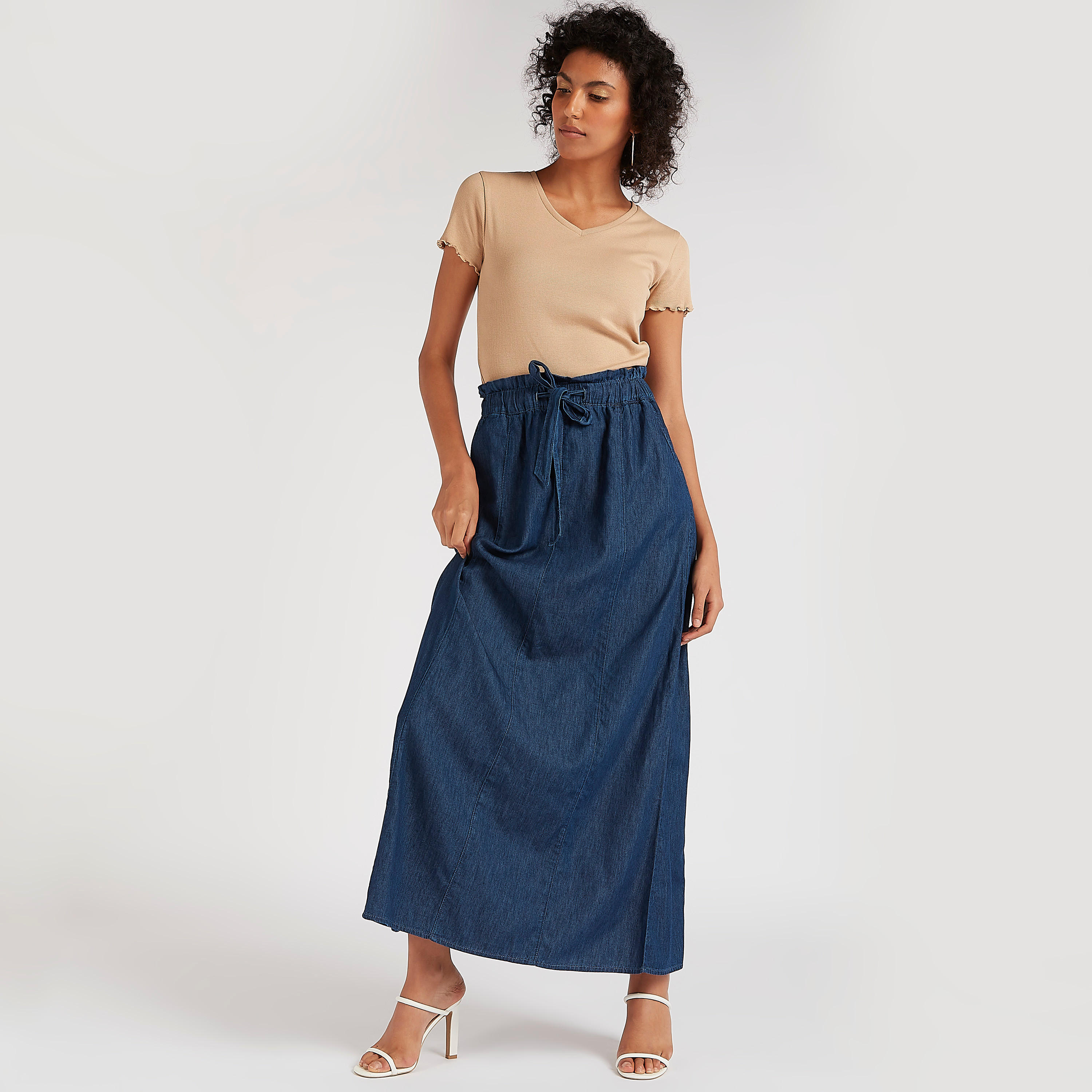 تنورة طويلة سادة إيه لاين بجيوب ورباط على الخصر-women-clothing-bottoms-skirts-image-3