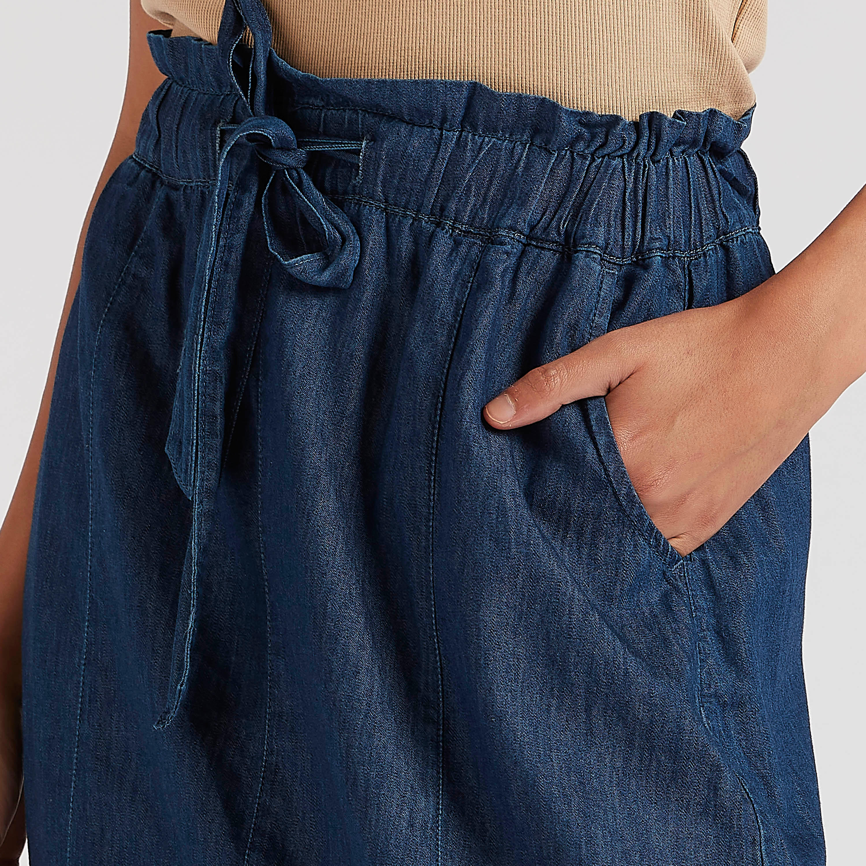 تنورة طويلة سادة إيه لاين بجيوب ورباط على الخصر-women-clothing-bottoms-skirts-image-2
