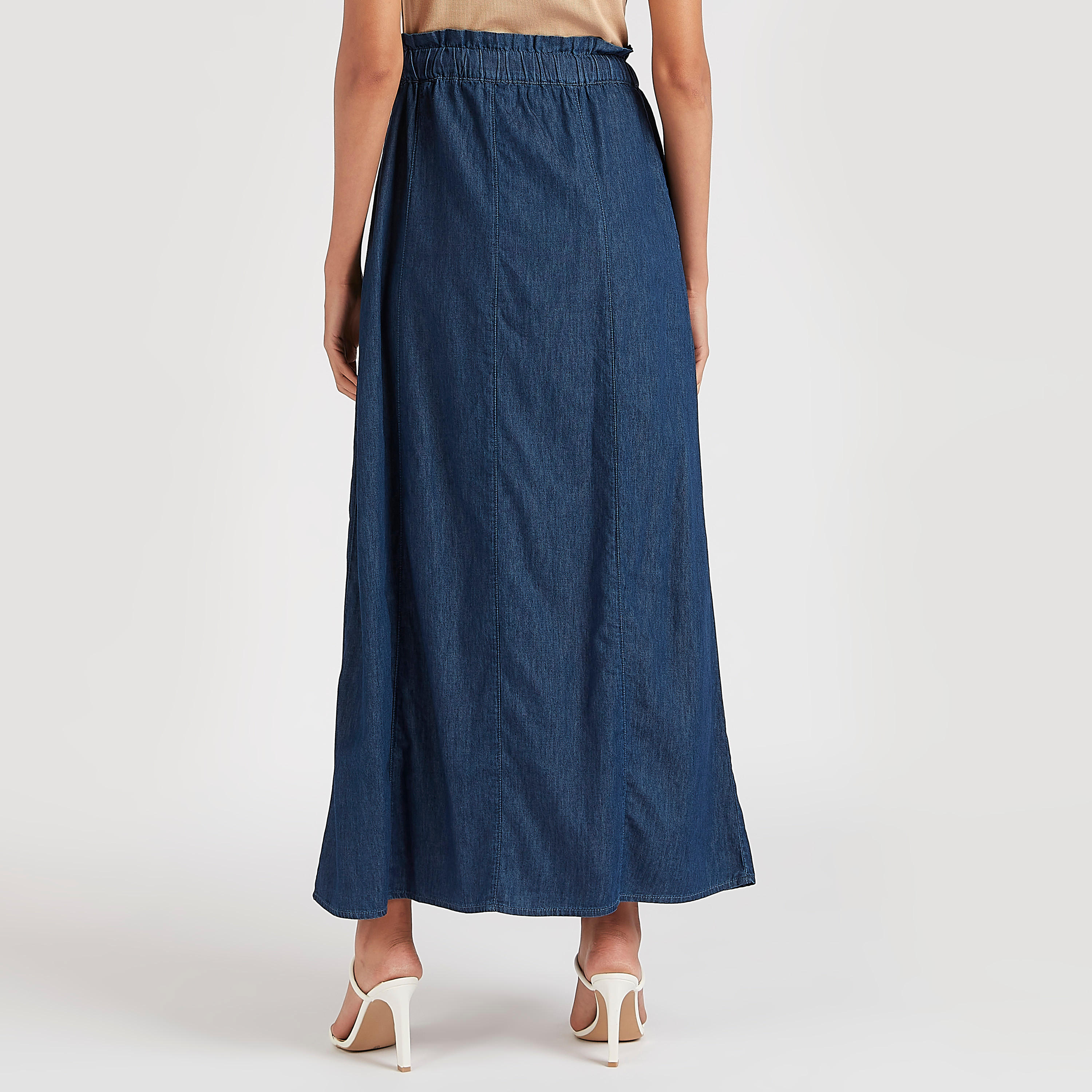 تنورة طويلة سادة إيه لاين بجيوب ورباط على الخصر-women-clothing-bottoms-skirts-image-1