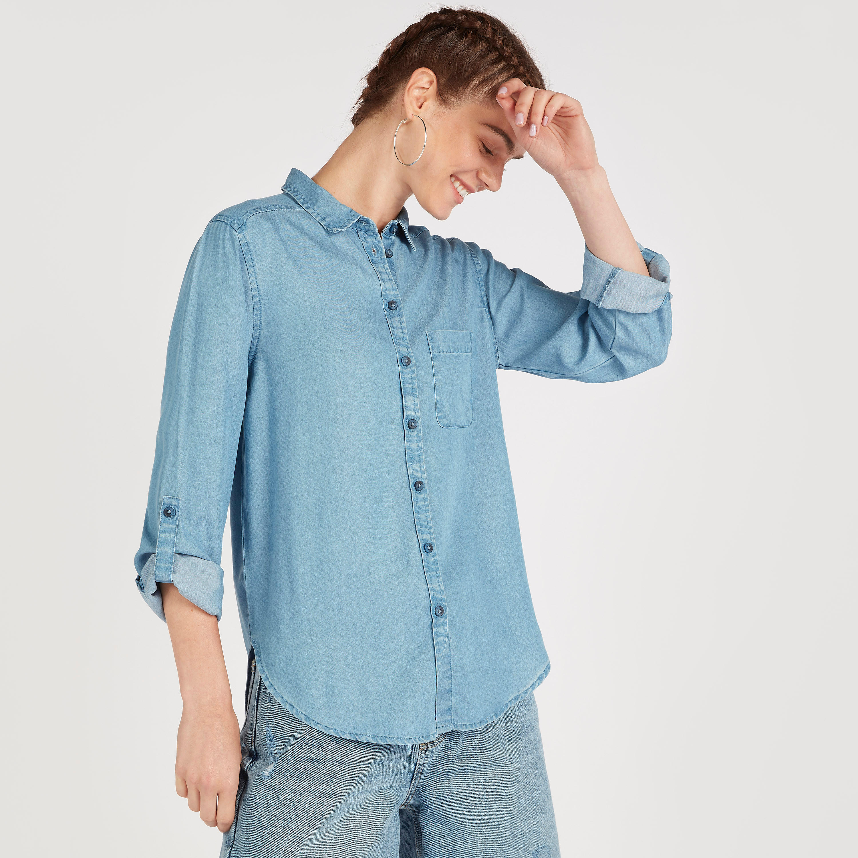 Solid Shirt with Long Sleeves and Patch Pocket-women-clothing-shirtsandblouses-shirts-image-1