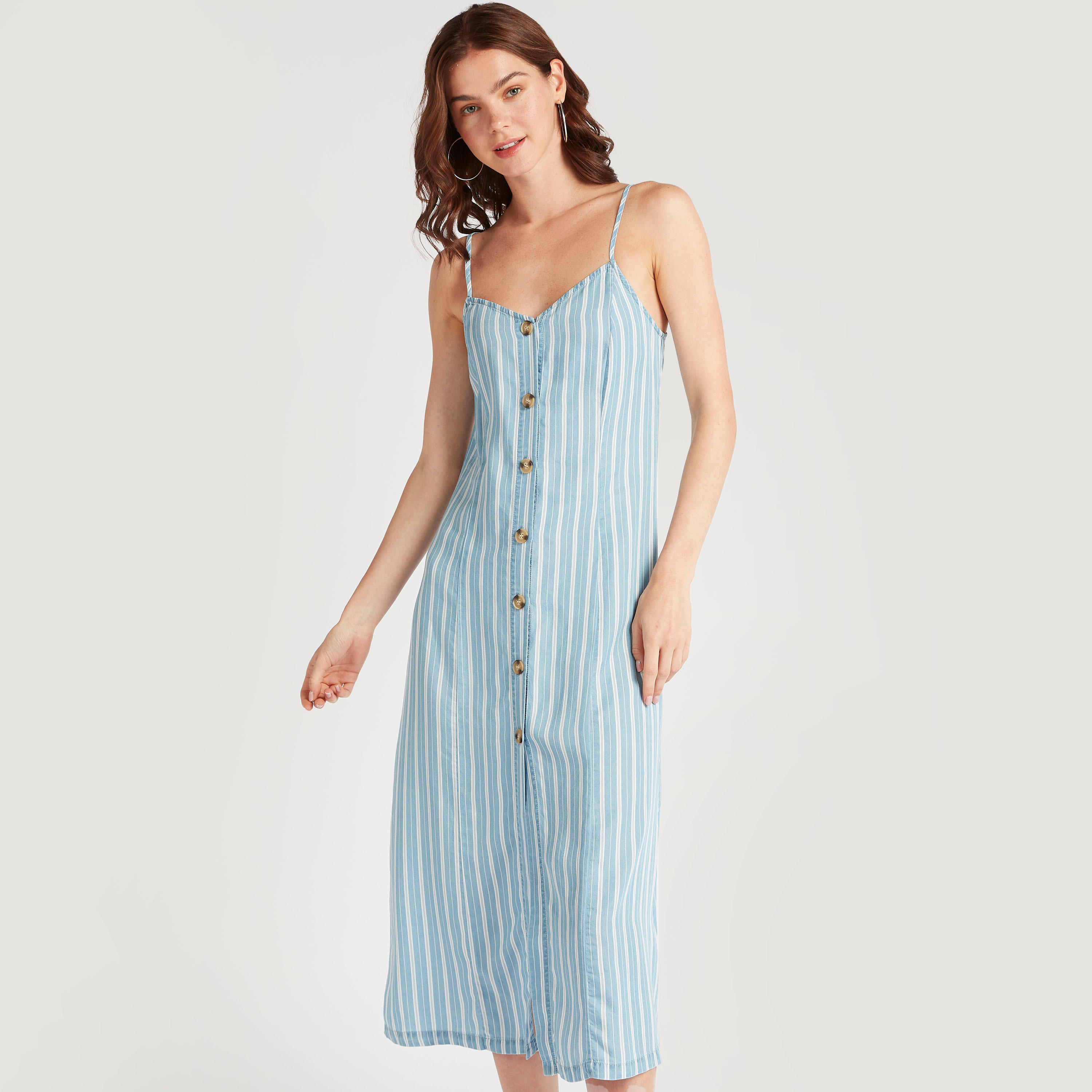 فستان واسع ميدي مقلّم بياقة v ووصلة أزرار-women-clothing-dresses-image-4