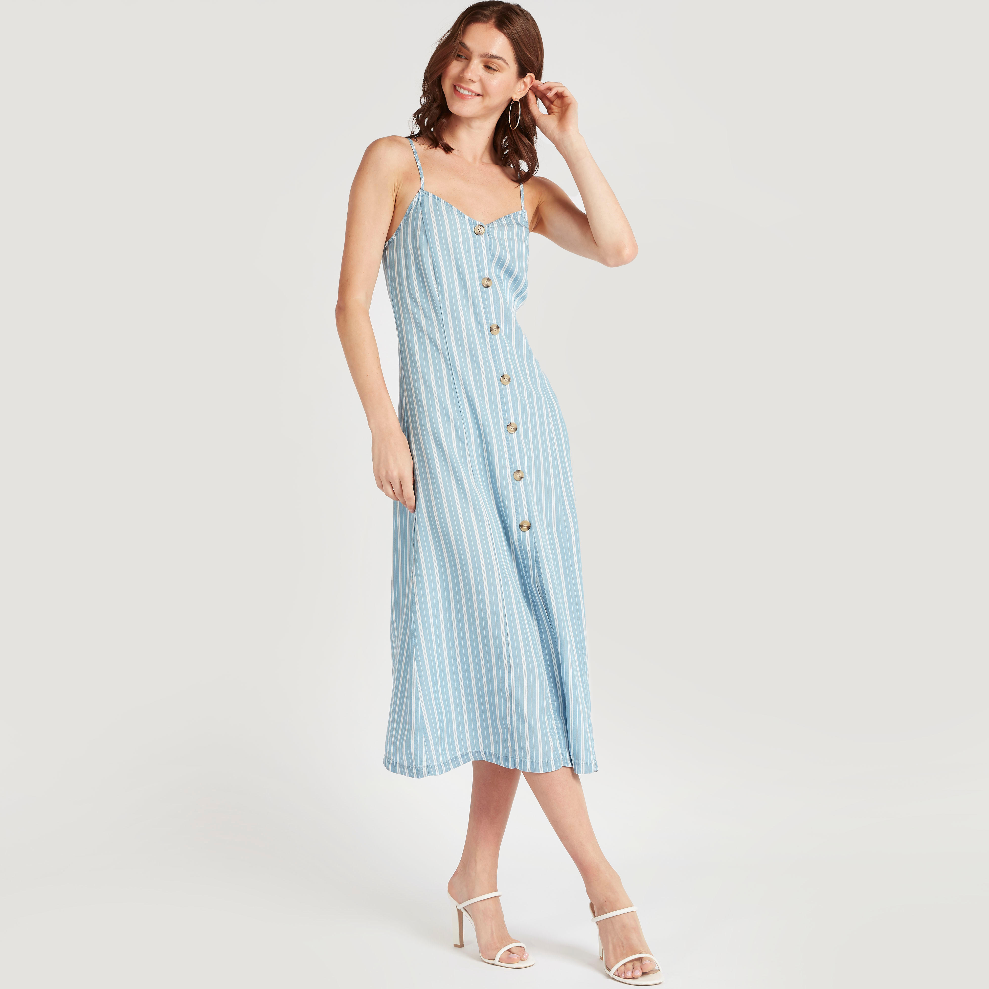 فستان واسع ميدي مقلّم بياقة v ووصلة أزرار-women-clothing-dresses-image-3
