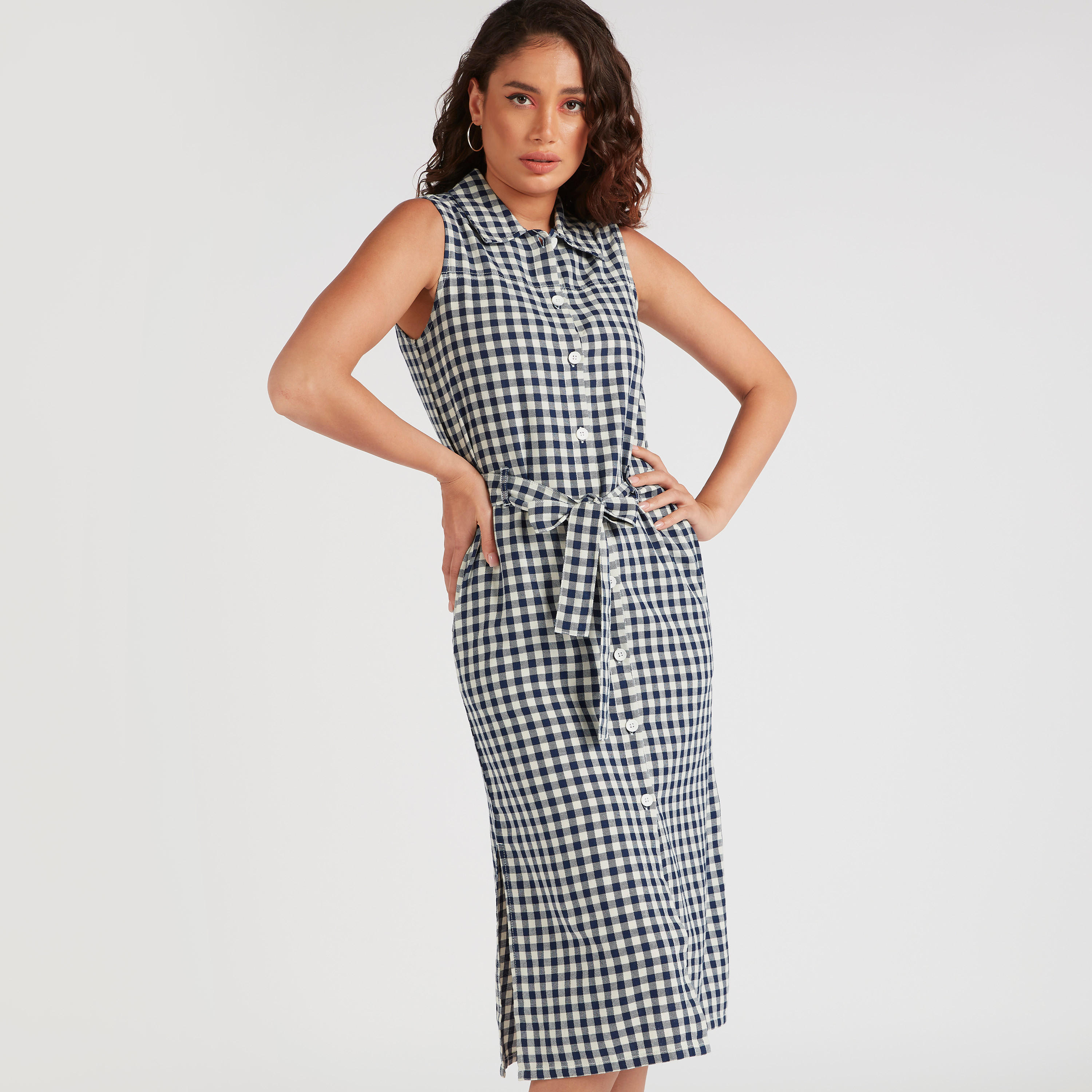 فستان ميدي كاروهات بياقة عادية وزينة رابط-women-clothing-dresses-image-1