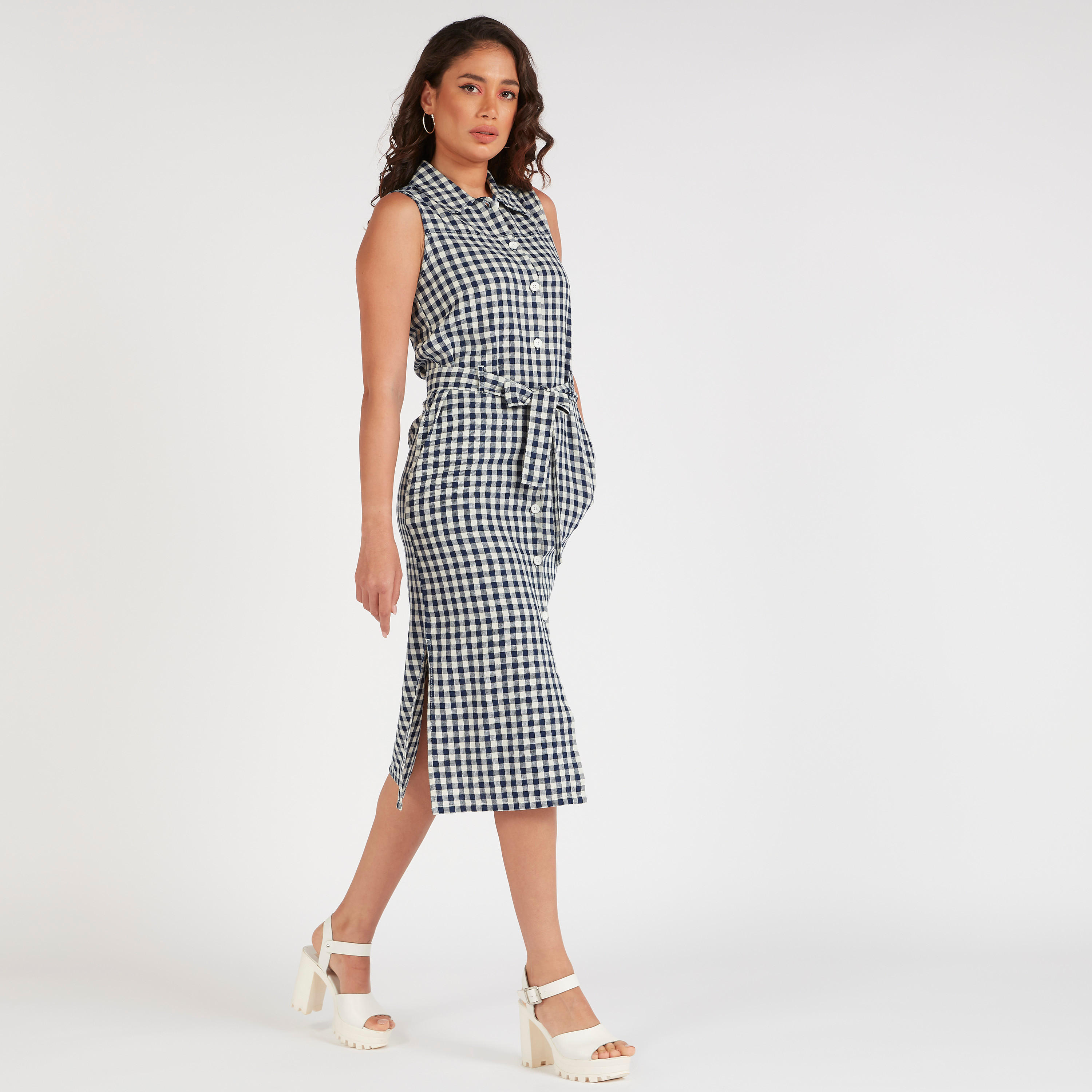 فستان ميدي كاروهات بياقة عادية وزينة رابط-women-clothing-dresses-image-2
