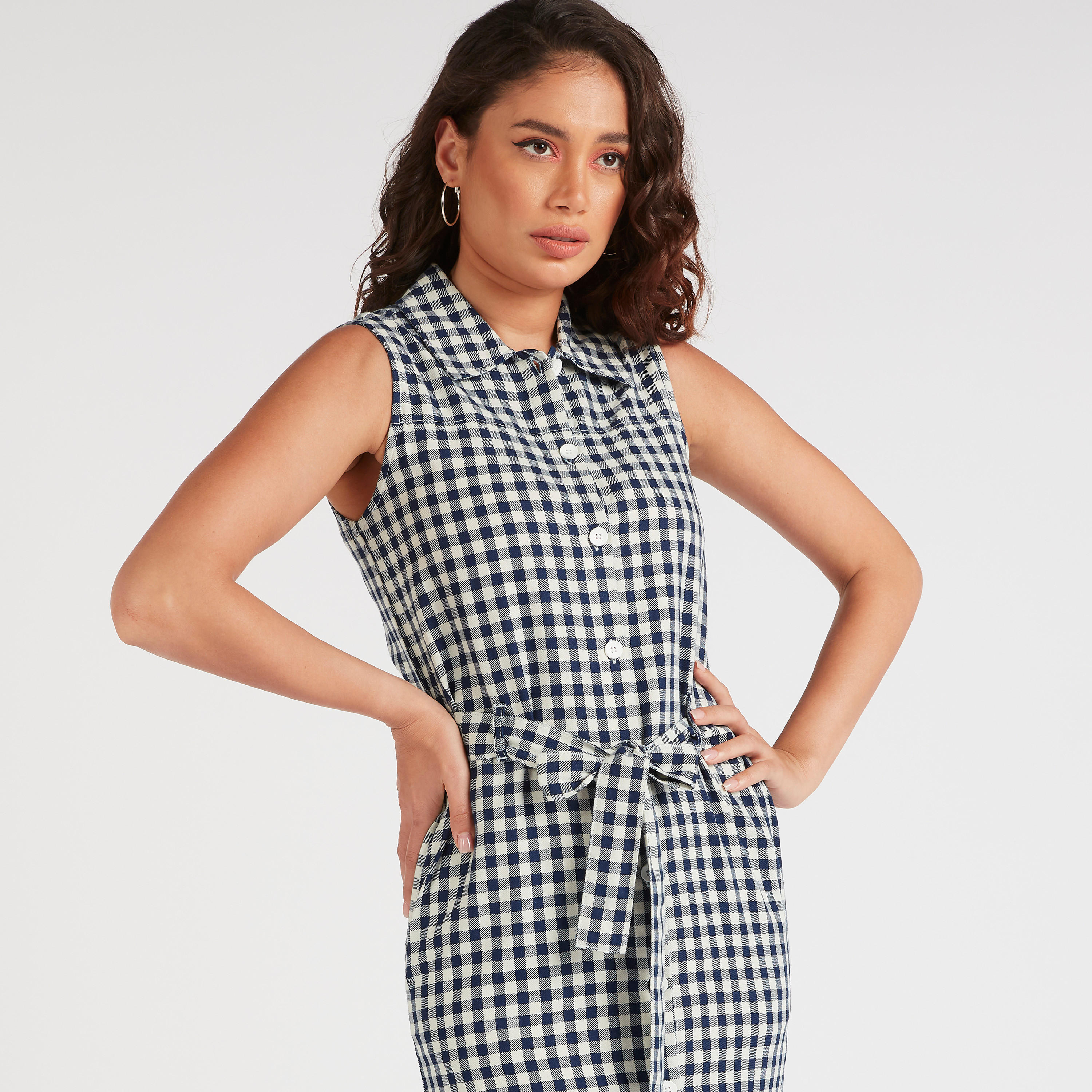فستان ميدي كاروهات بياقة عادية وزينة رابط-women-clothing-dresses-image-3