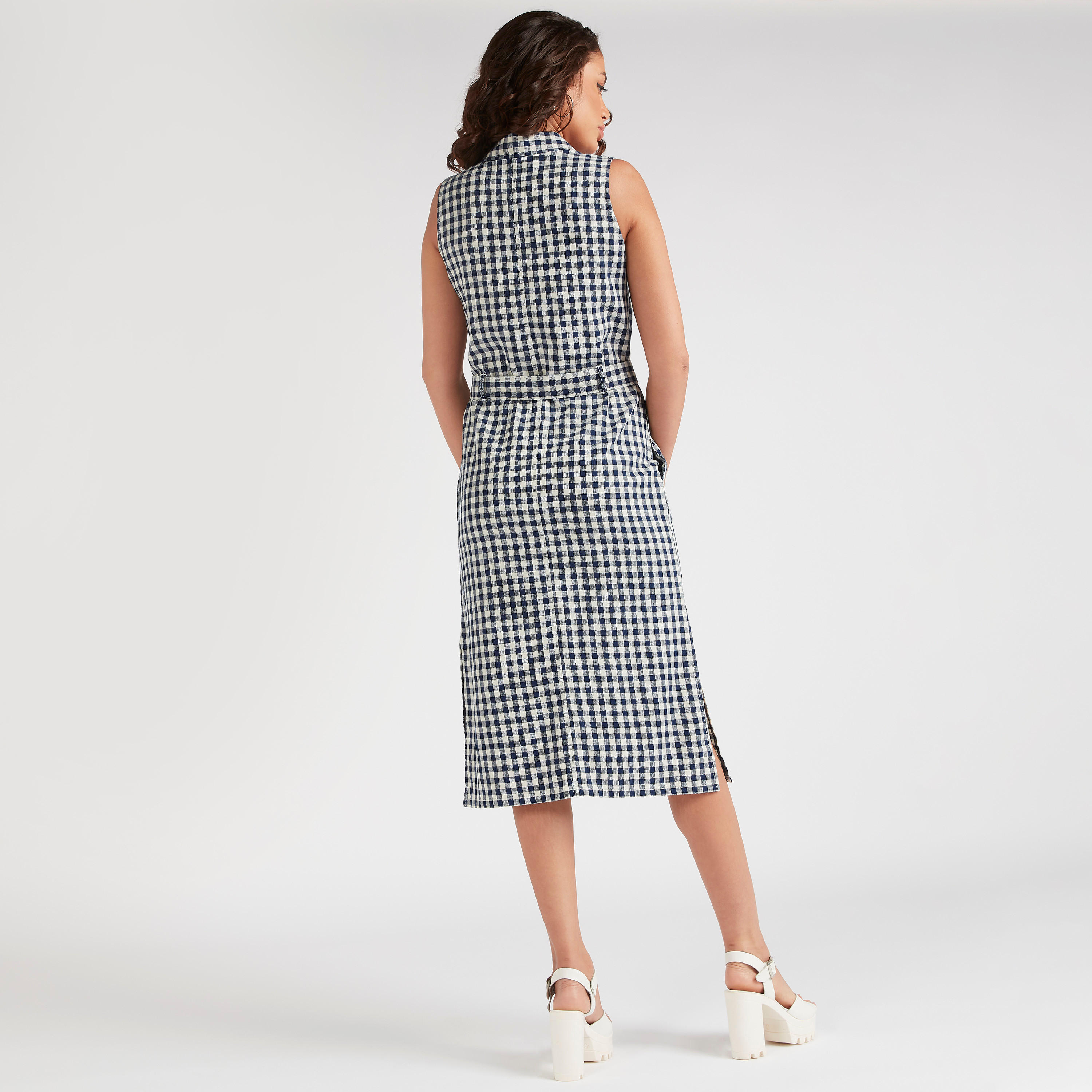 فستان ميدي كاروهات بياقة عادية وزينة رابط-women-clothing-dresses-image-4