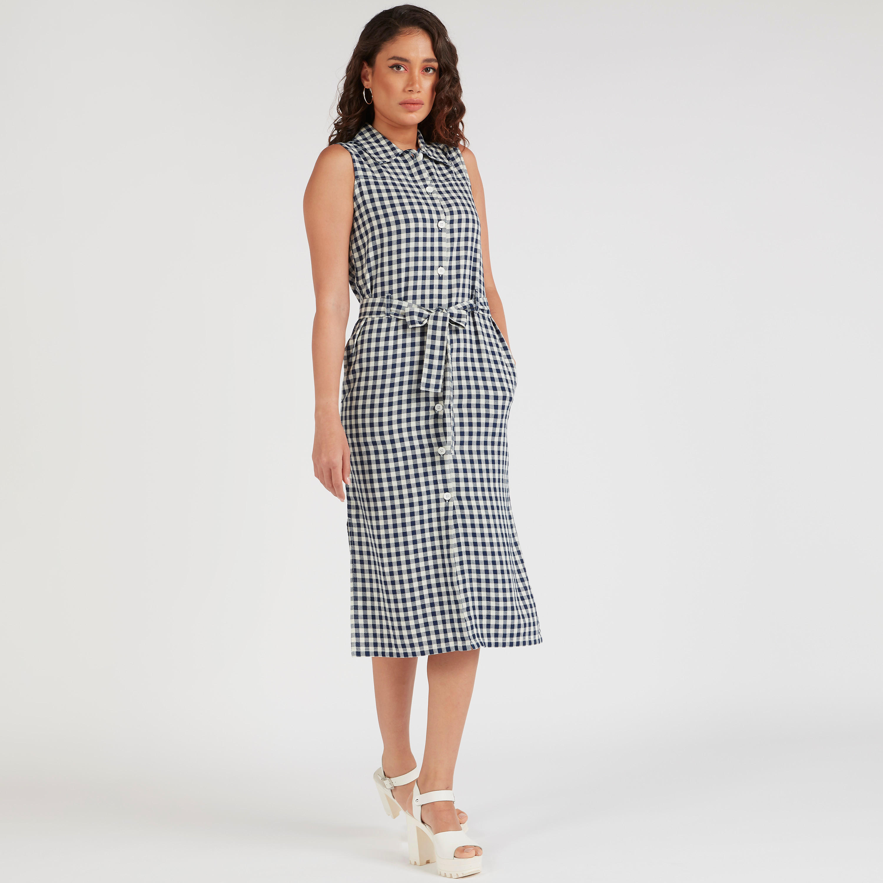 فستان ميدي كاروهات بياقة عادية وزينة رابط-women-clothing-dresses-image-5