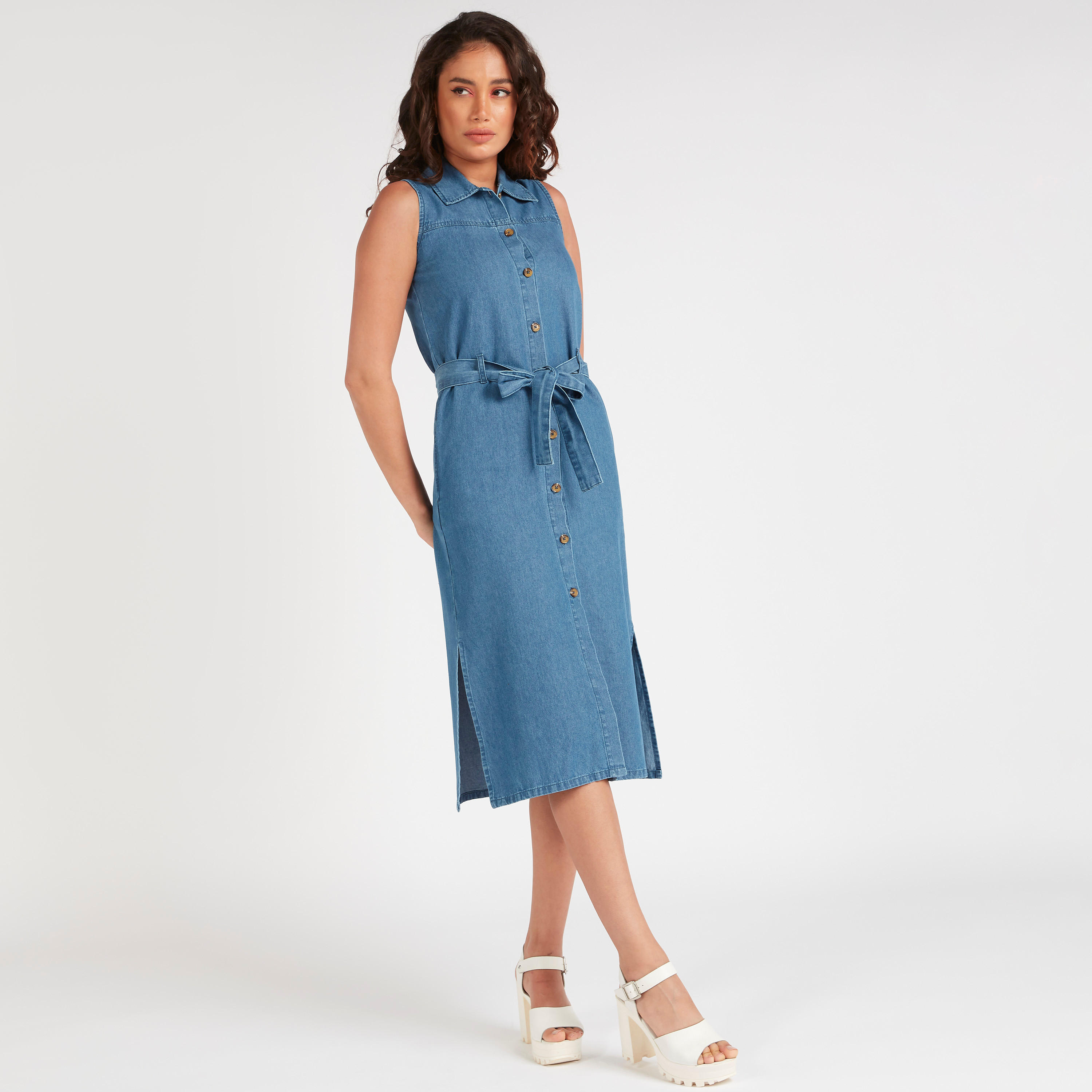 فستان دنيم ميدي بياقة ورباط-women-clothing-dresses-image-5