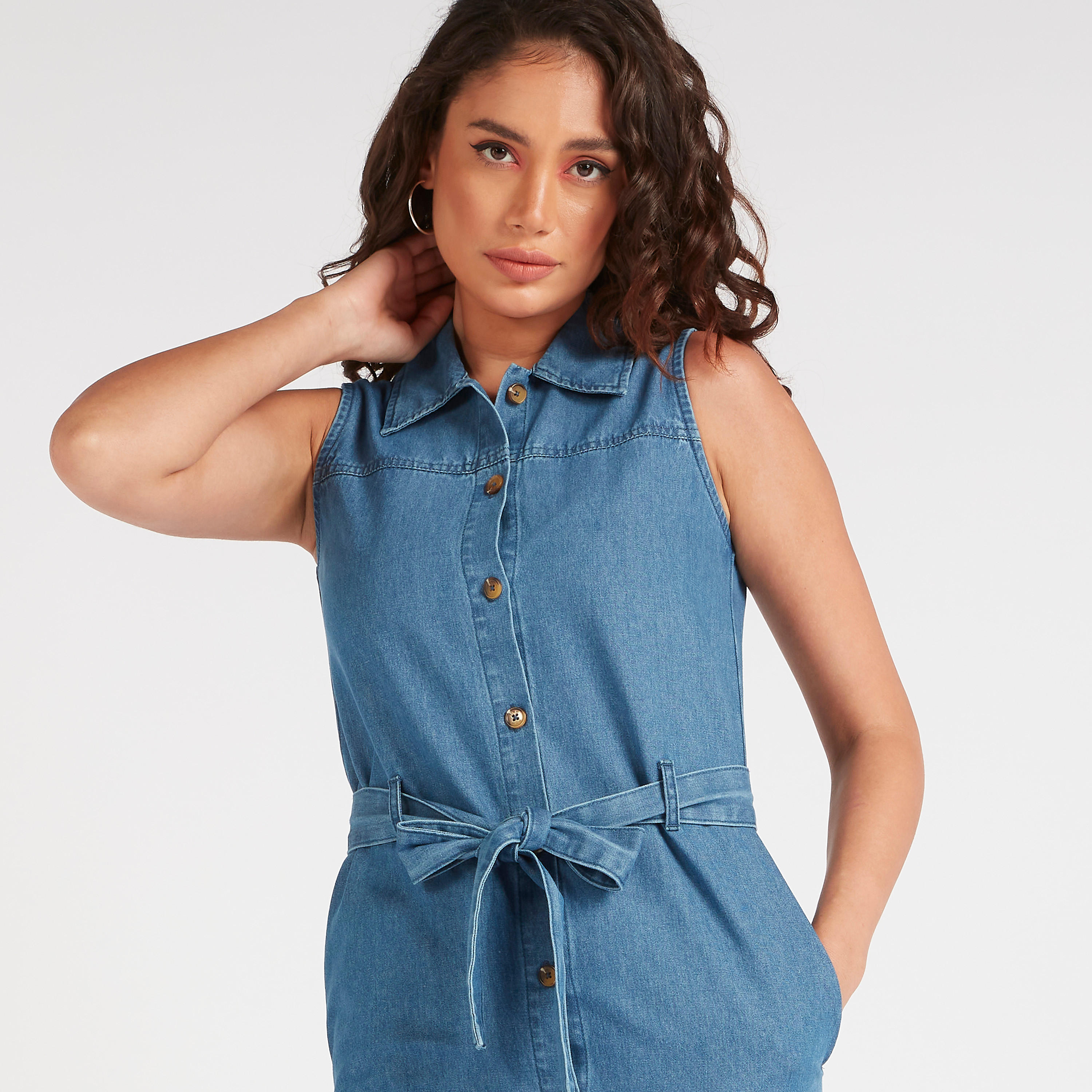 فستان دنيم ميدي بياقة ورباط-women-clothing-dresses-image-4