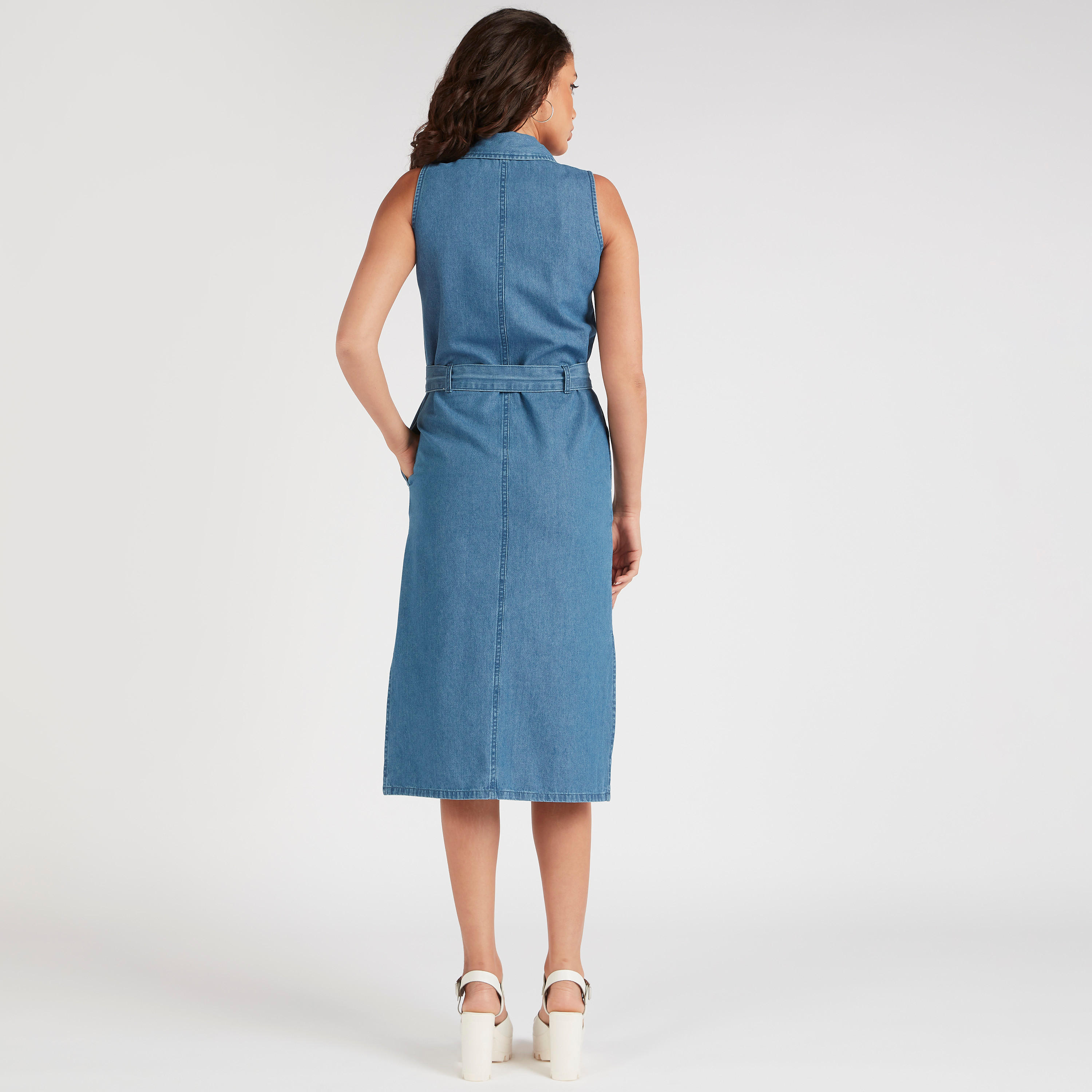 فستان دنيم ميدي بياقة ورباط-women-clothing-dresses-image-3