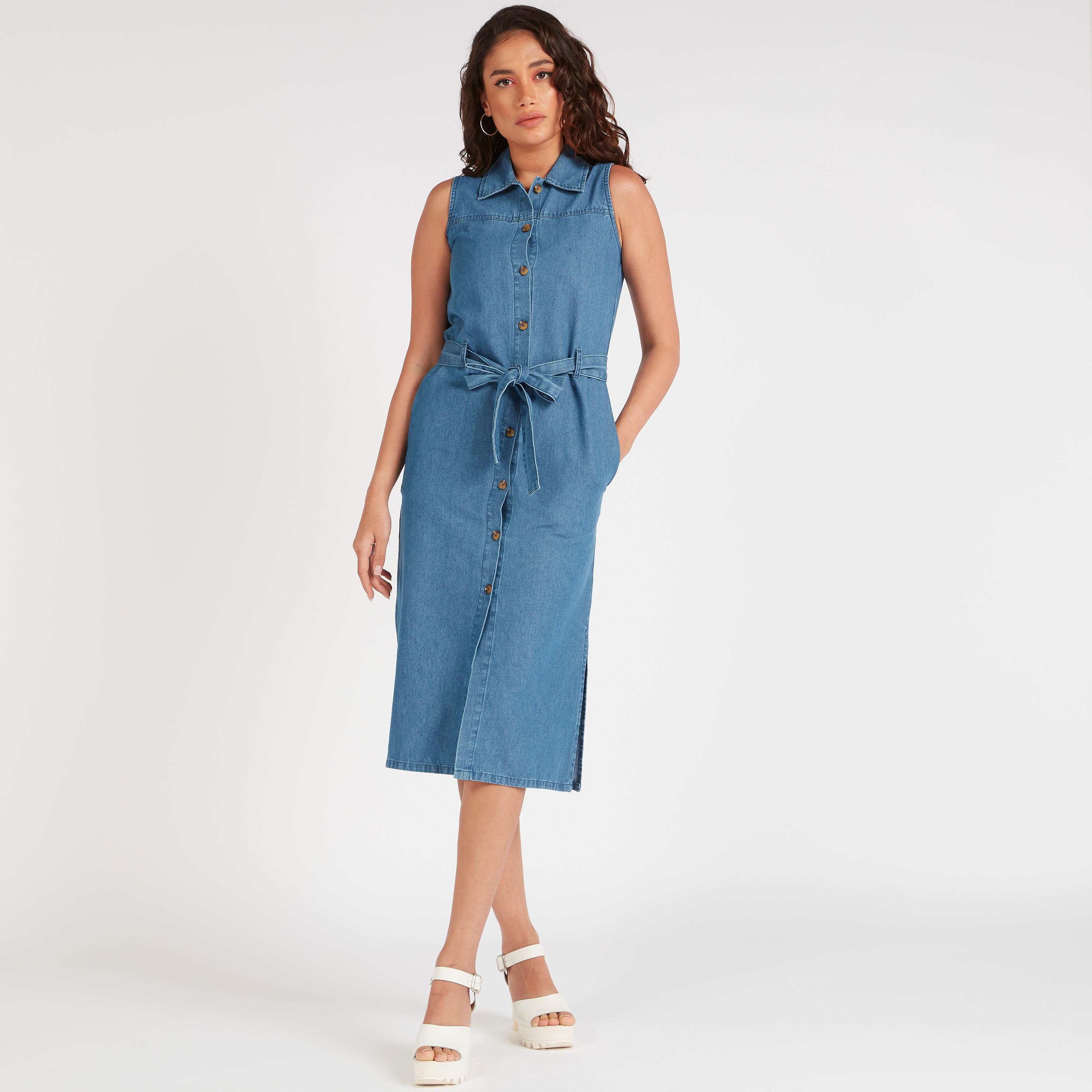فستان دنيم ميدي بياقة ورباط-women-clothing-dresses-image-1