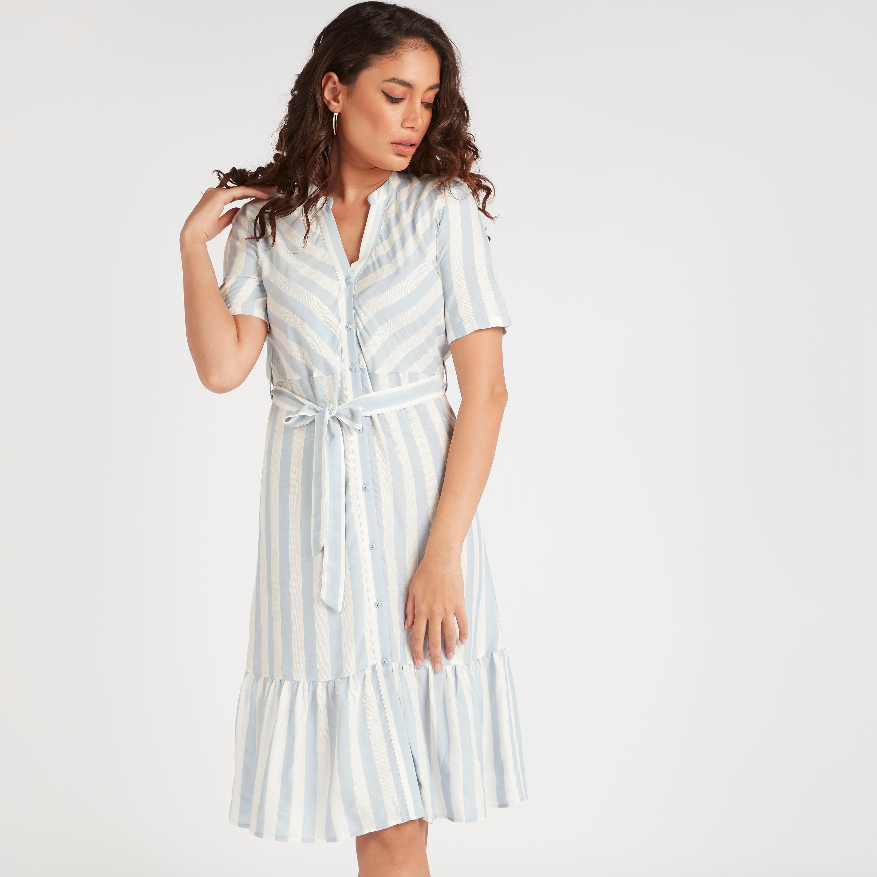 فستان دنيم إيه لاين ميدي مقلّم بحزام رباط وأكمام قصيرة-women-clothing-dresses-image-8
