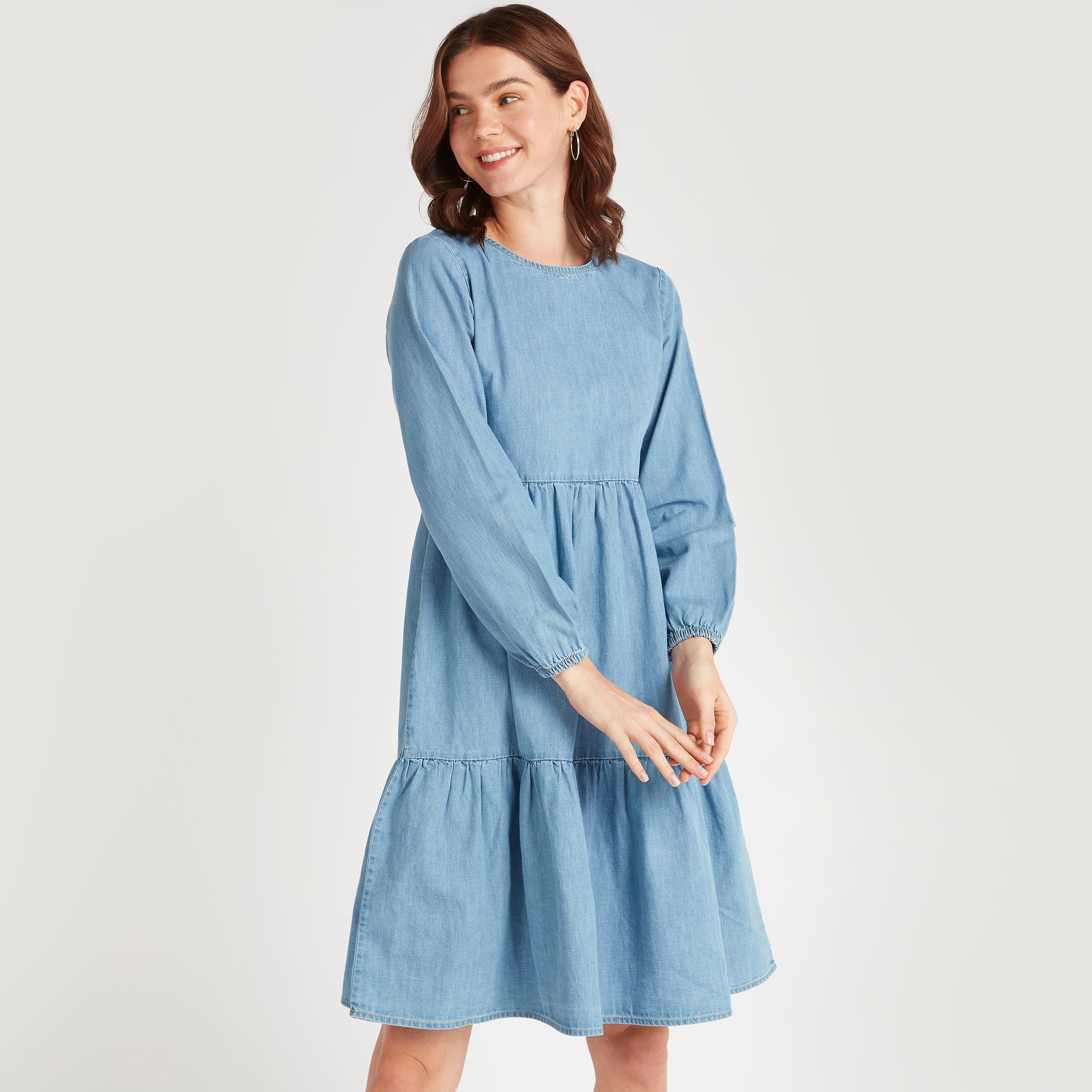 Solid Midi A-line Dress with Long Sleeves-women-clothing-dresses-image-1