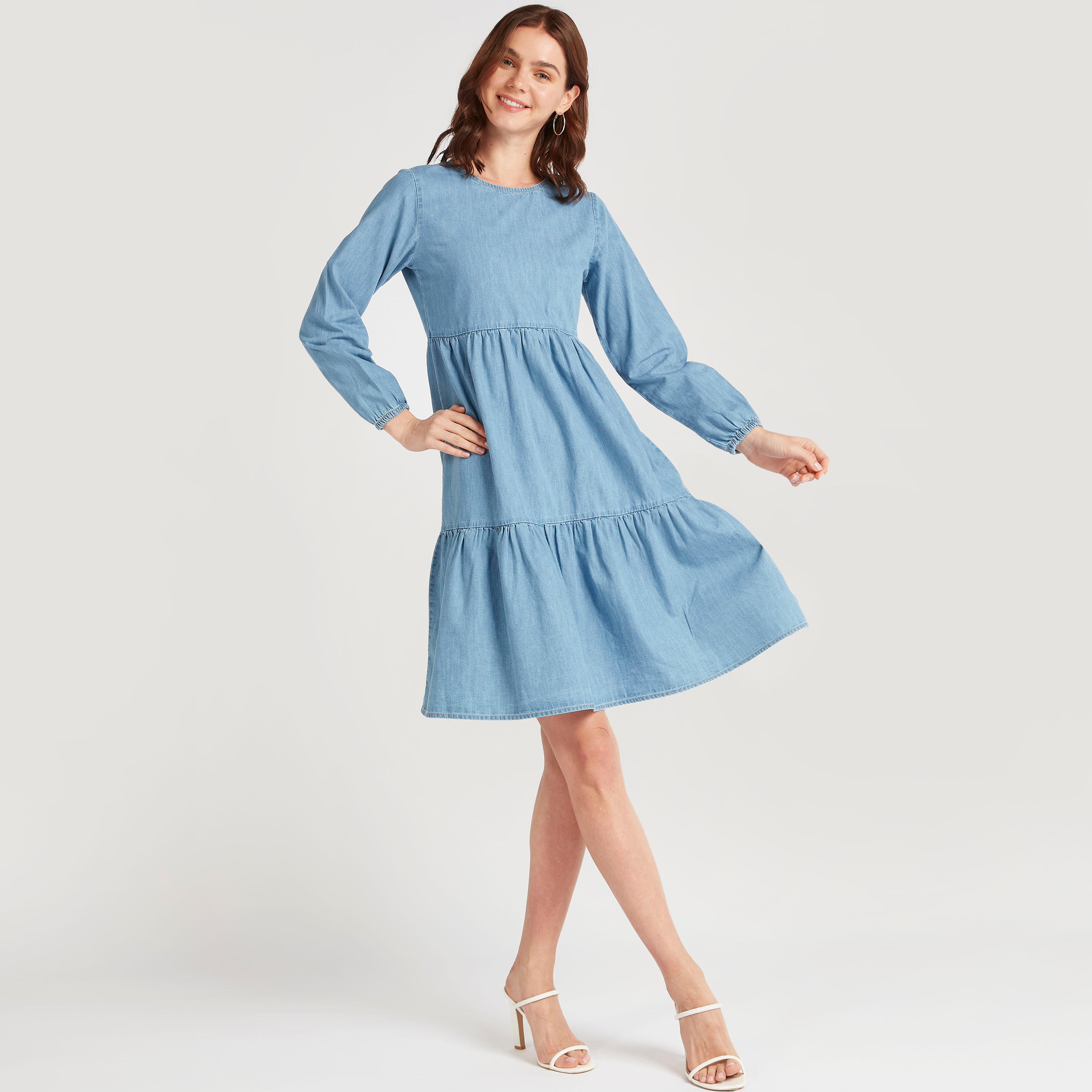 Solid Midi A-line Dress with Long Sleeves-women-clothing-dresses-image-2