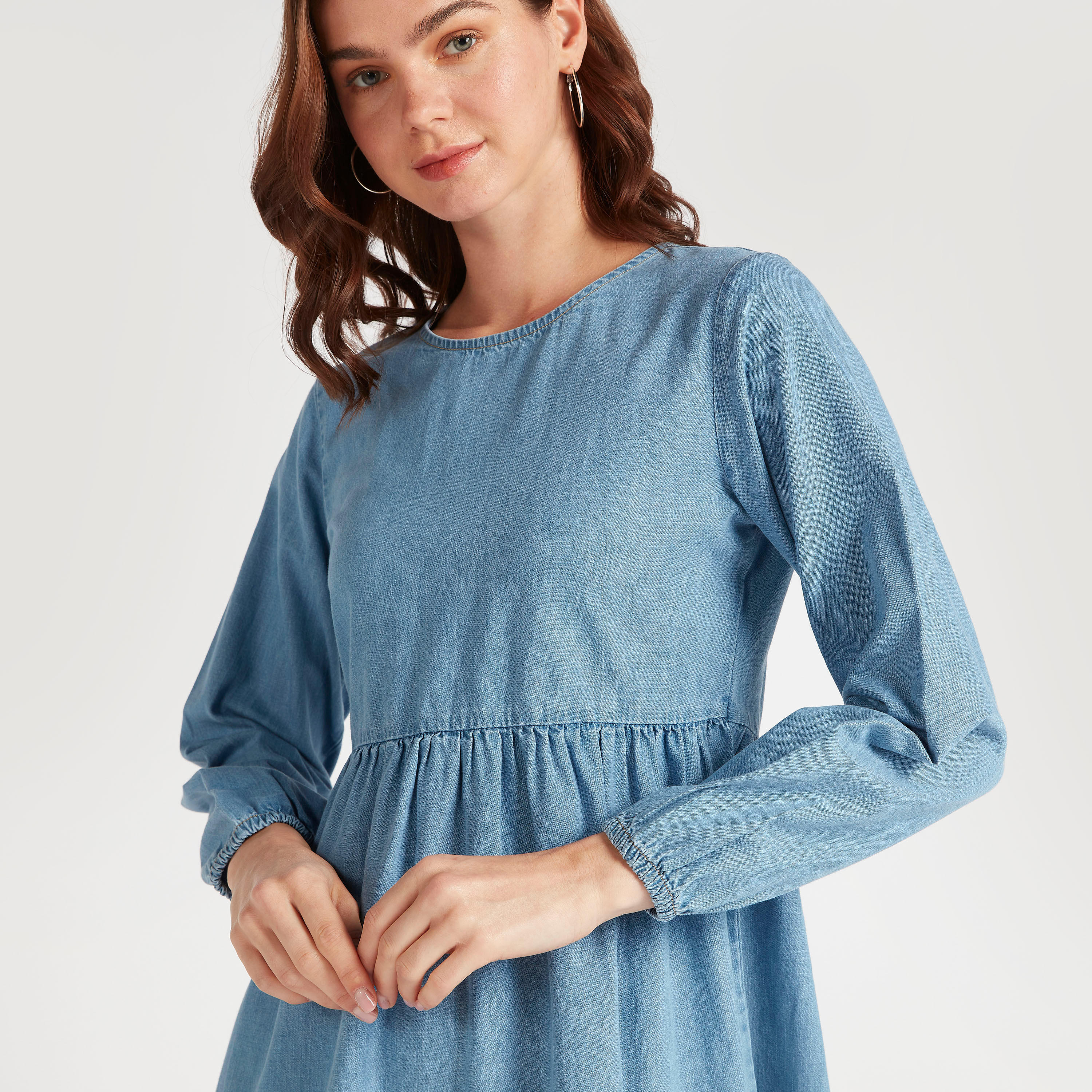 Solid Midi A-line Dress with Long Sleeves-women-clothing-dresses-image-3