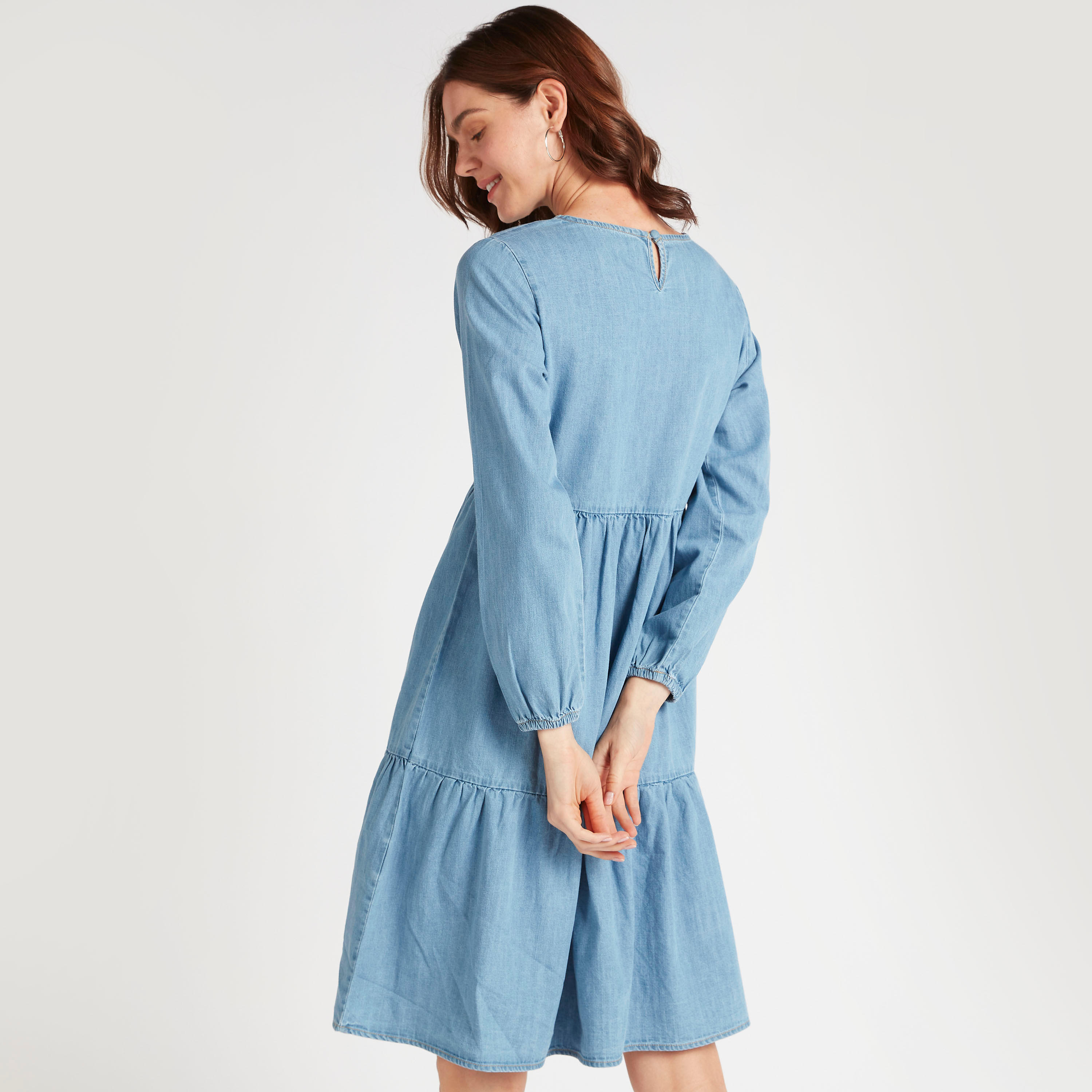 Solid Midi A-line Dress with Long Sleeves-women-clothing-dresses-image-4
