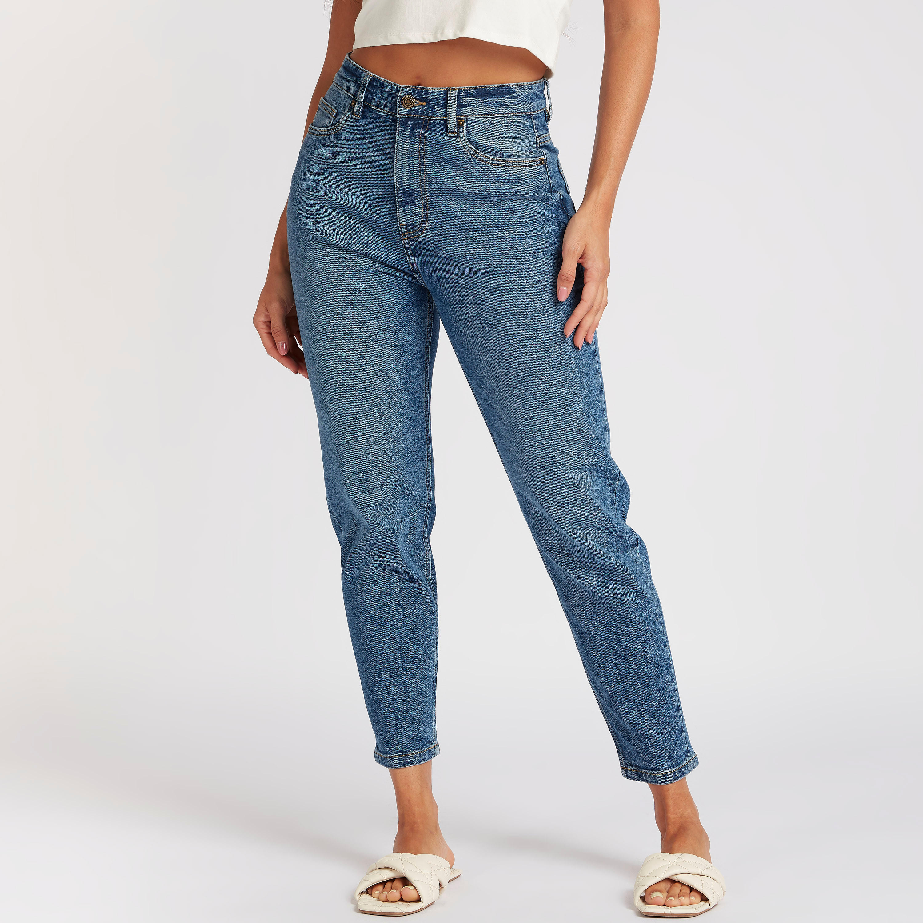 Solid Mom Jeans with Pockets and Button Closure-women-clothing-bottoms-jeans-image-1