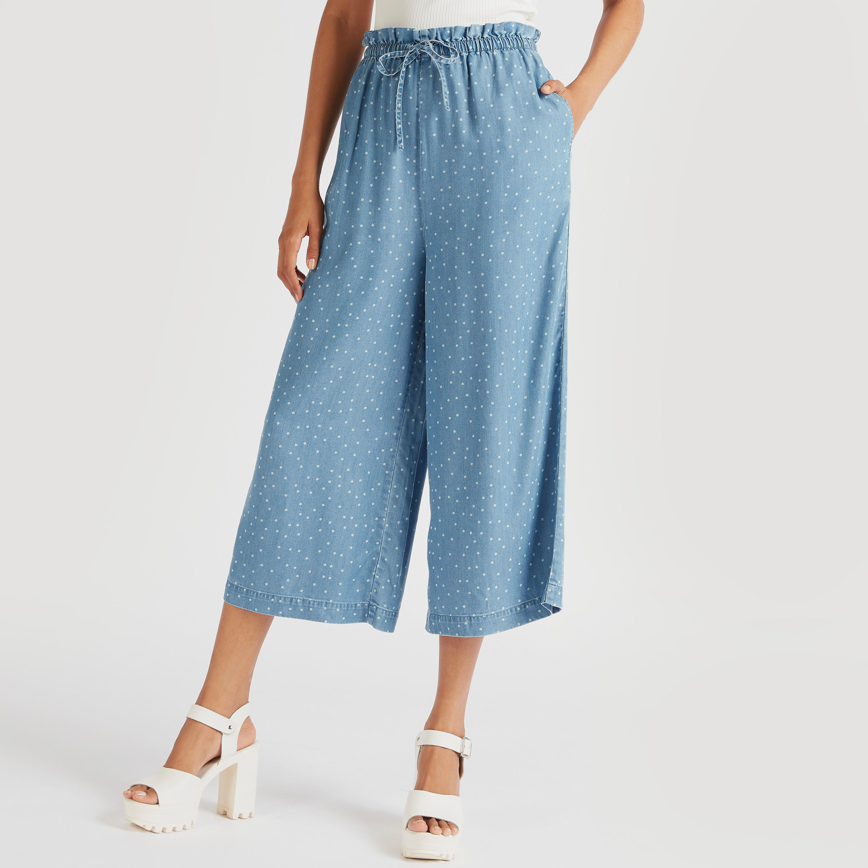 Polka Dot Palazzo Pants with Drawstring Closure and Pockets-women-clothing-bottoms-trousers-image-1