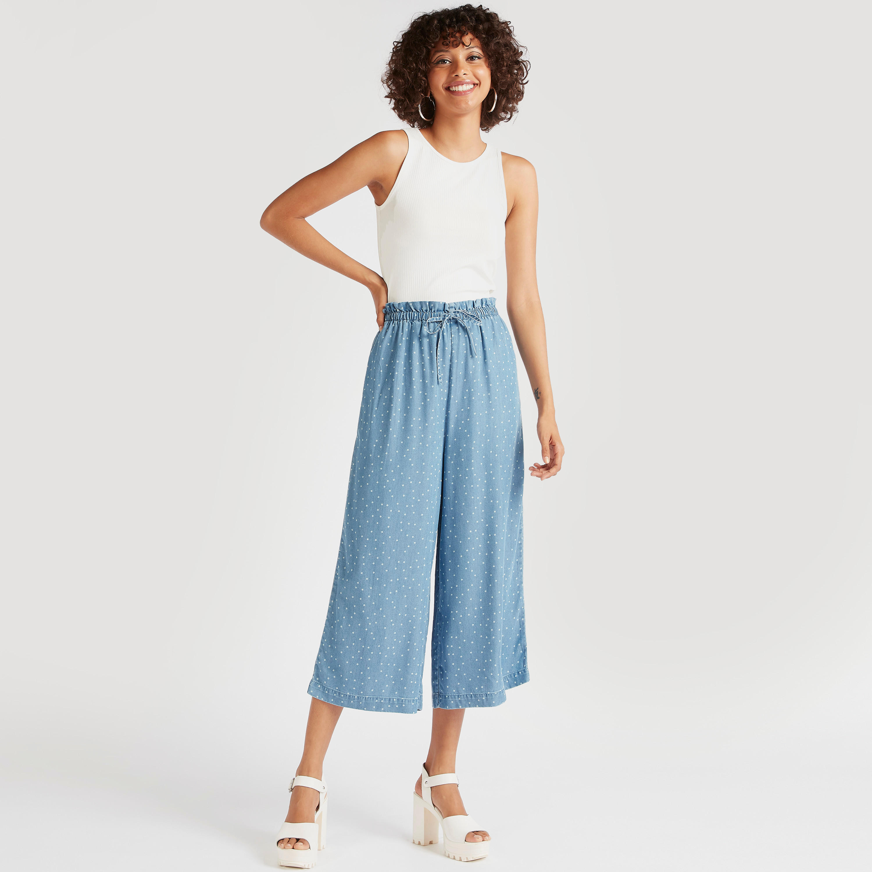 Polka Dot Palazzo Pants with Drawstring Closure and Pockets-women-clothing-bottoms-trousers-image-2