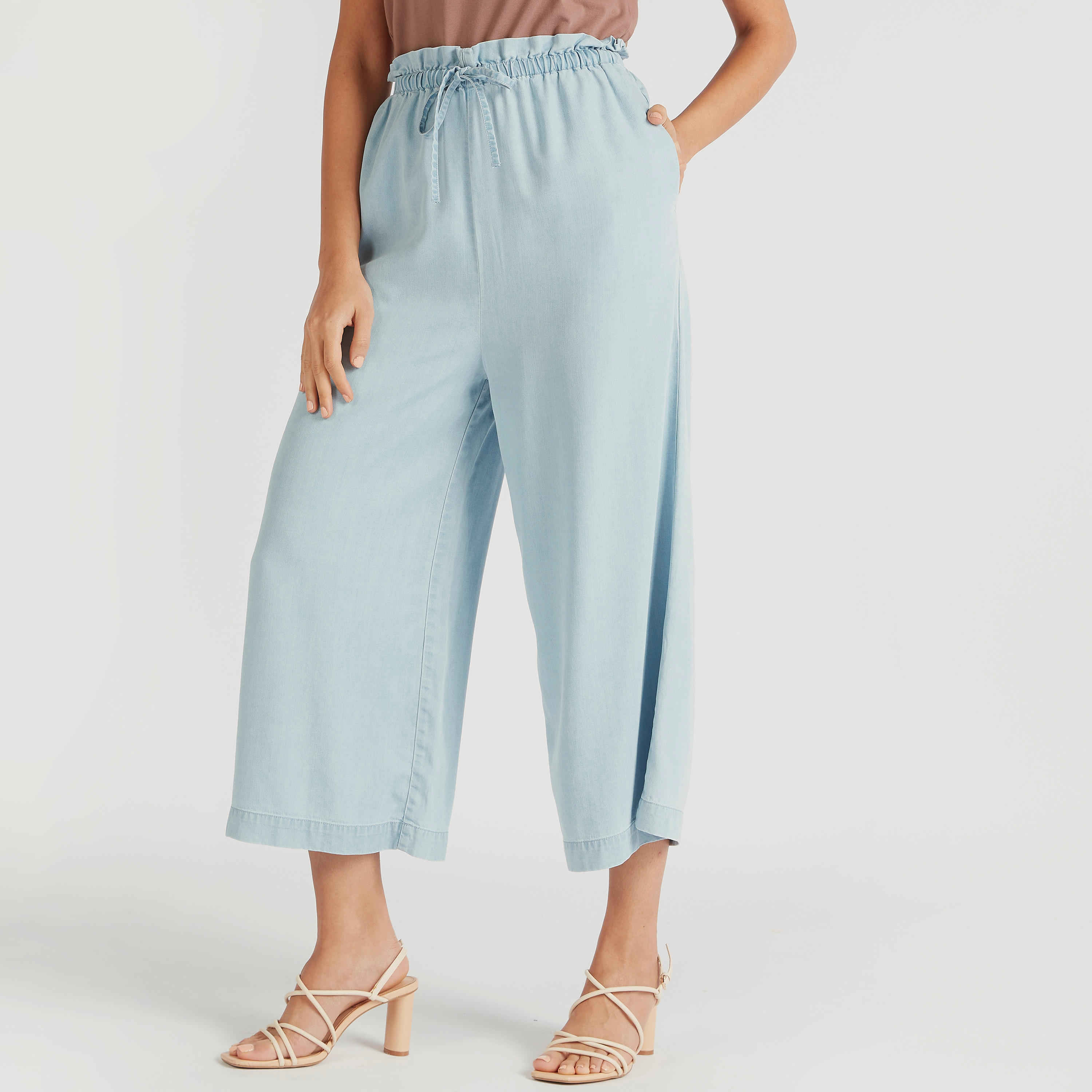 بنطلون بالازو سادة بخصر فليكسي ورباط إغلاق-women-clothing-bottoms-trousers-image-4