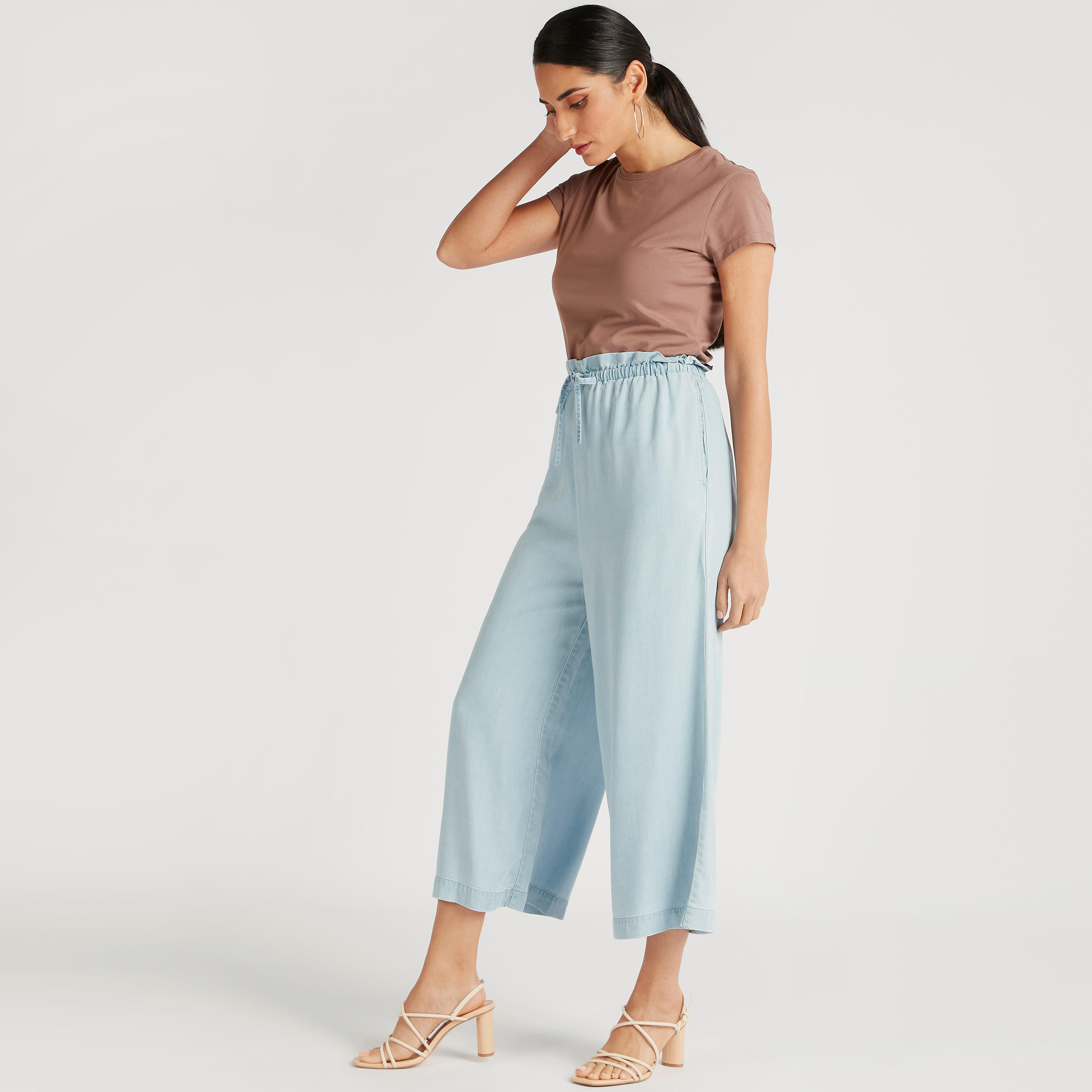 بنطلون بالازو سادة بخصر فليكسي ورباط إغلاق-women-clothing-bottoms-trousers-image-3