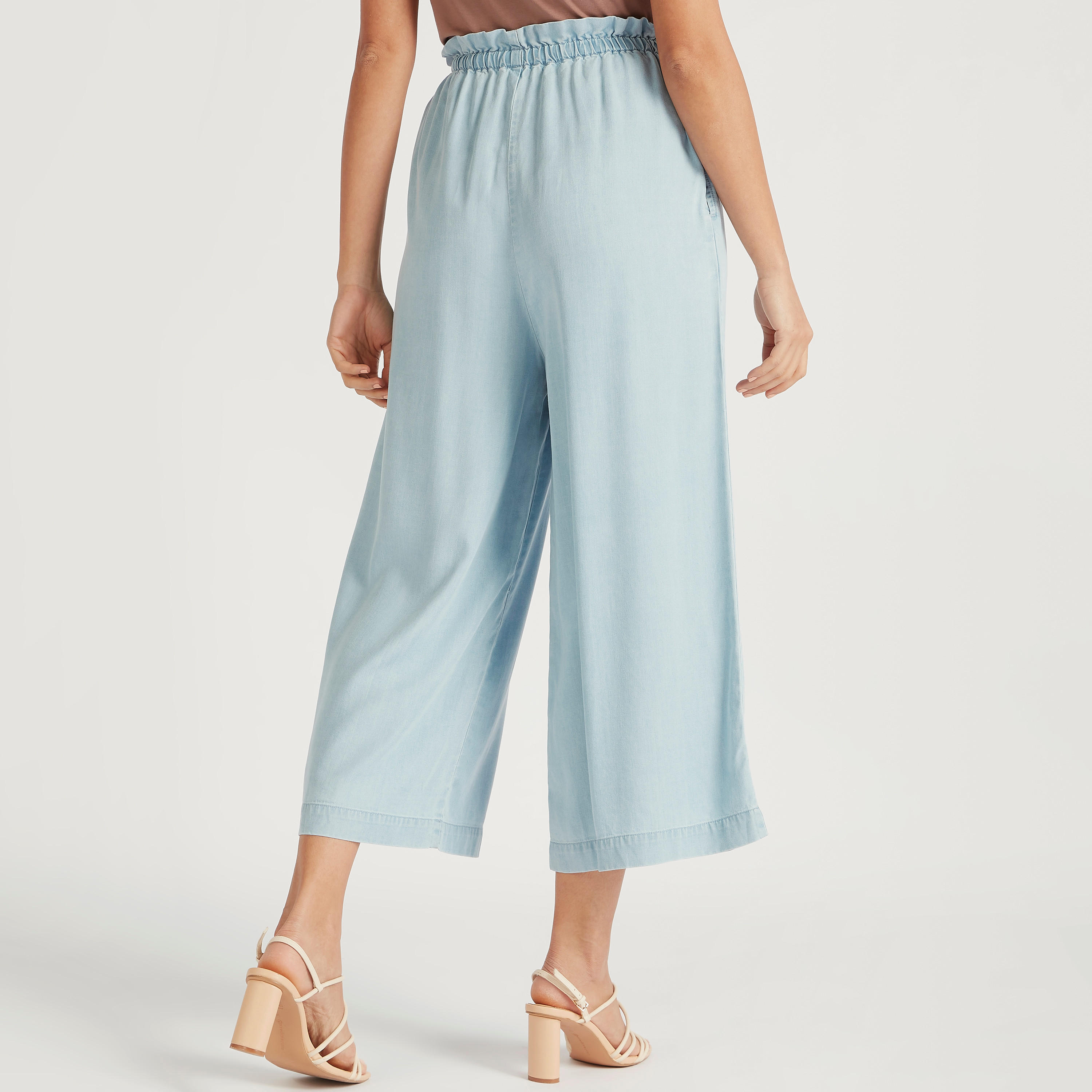 بنطلون بالازو سادة بخصر فليكسي ورباط إغلاق-women-clothing-bottoms-trousers-image-1