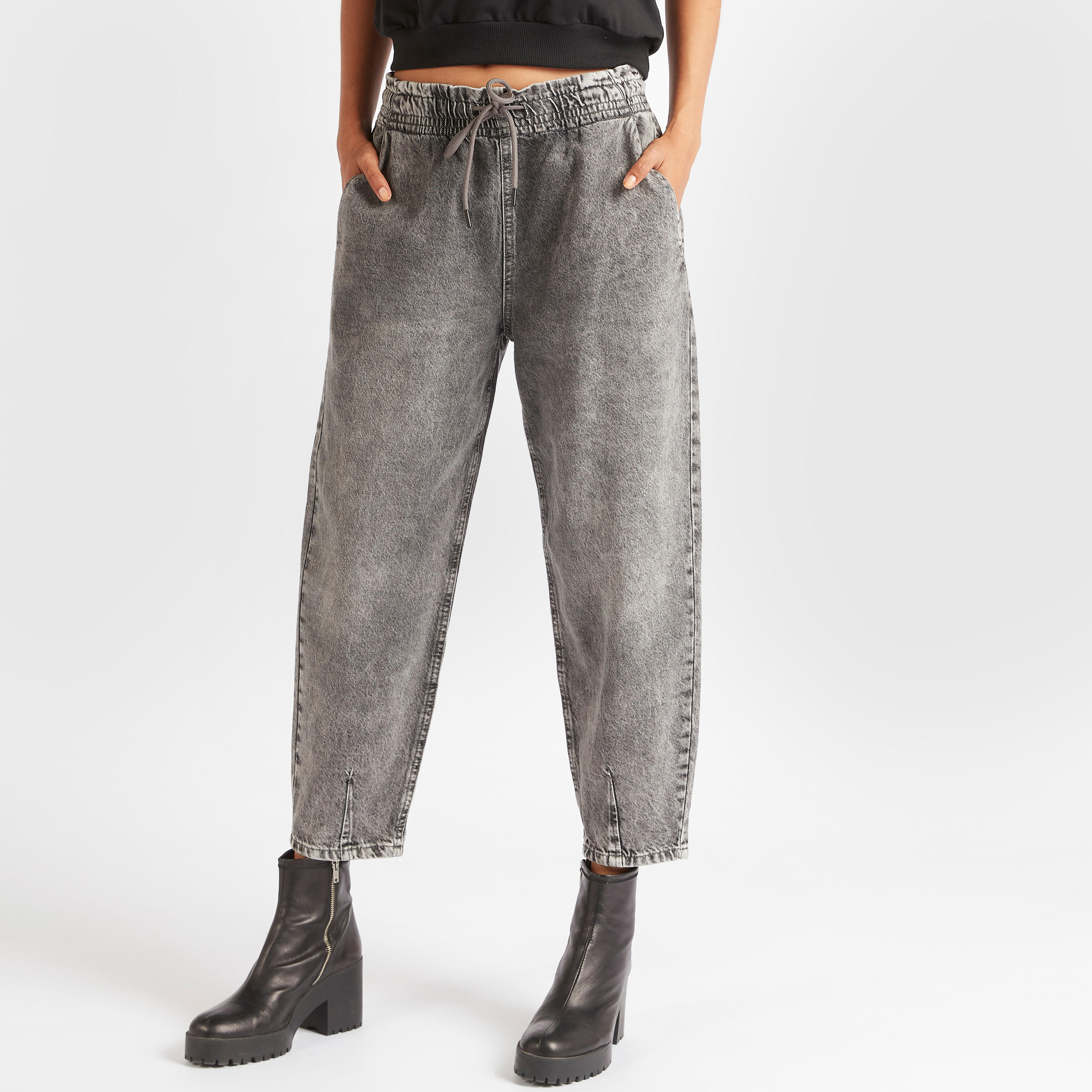 Solid Denim Cropped Jeans with Drawstring and Pockets-women-clothing-bottoms-jeans-image-1
