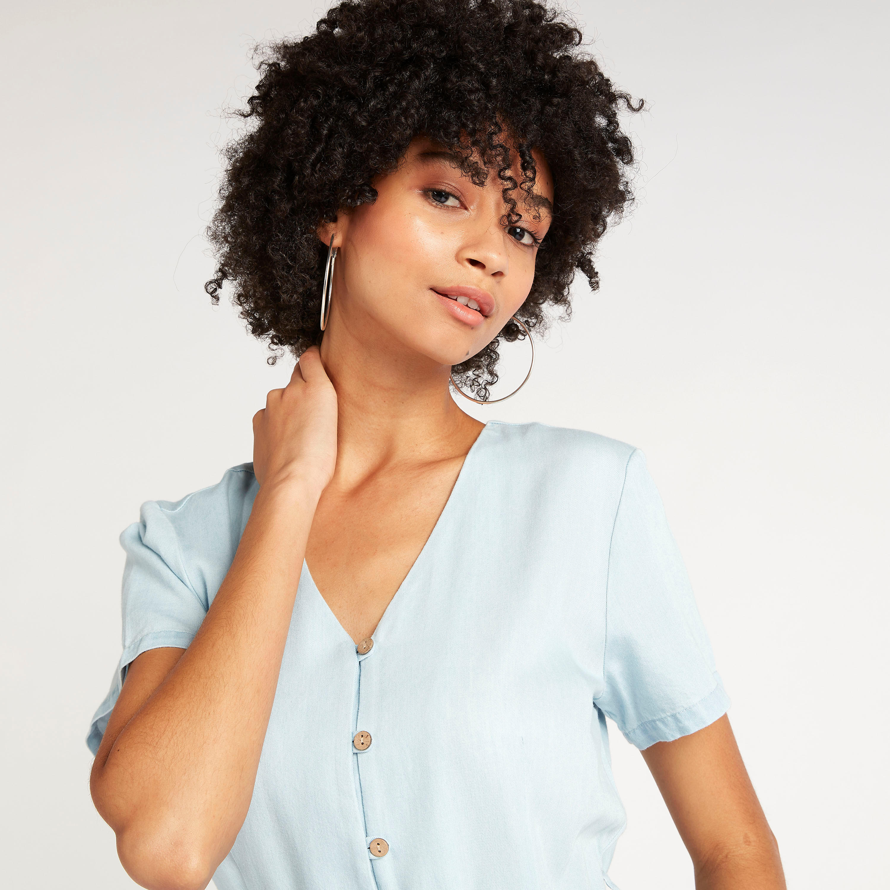 فستان دنيم ميدي إيه لاين بحزام وأكمام قصيرة-women-clothing-dresses-image-2