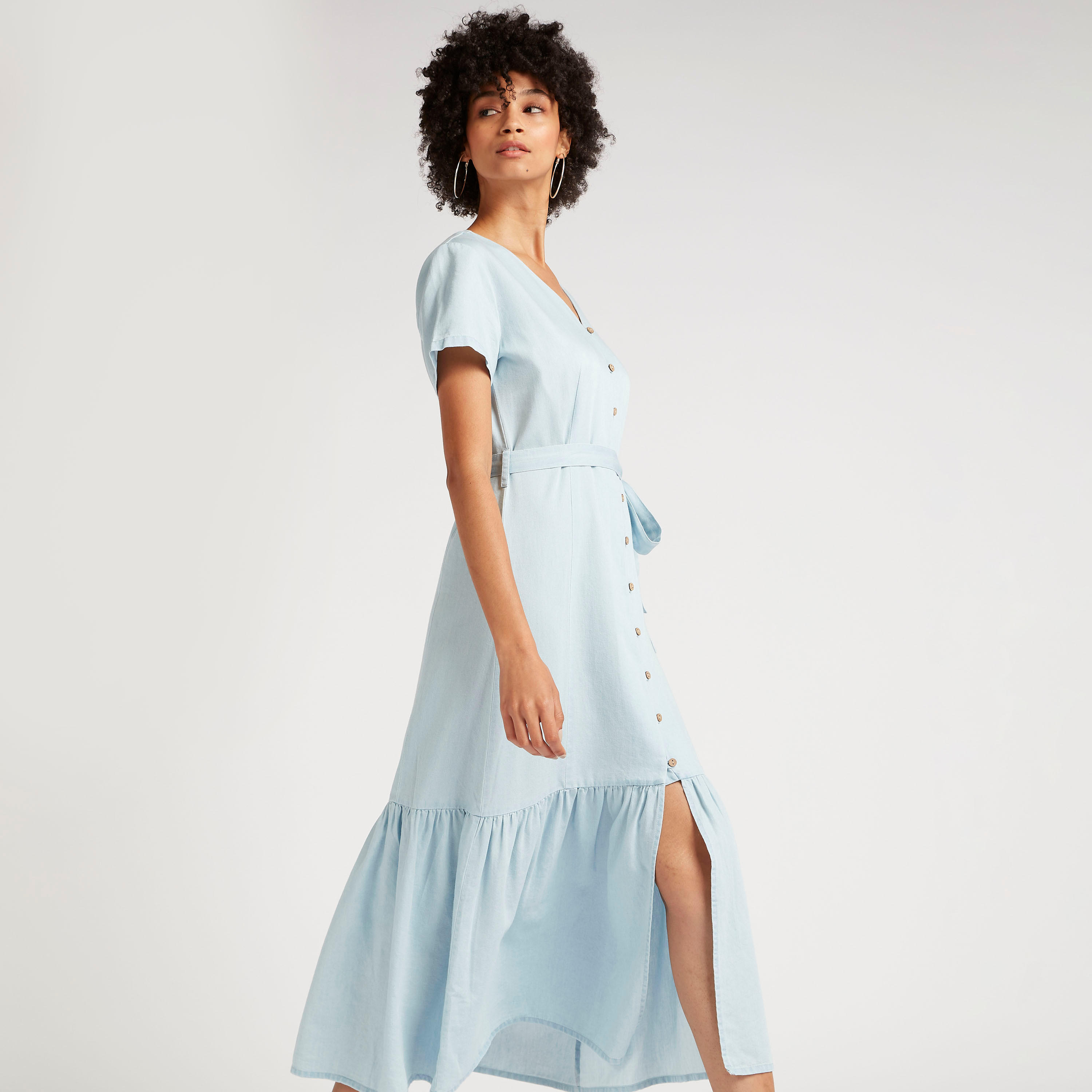 فستان دنيم ميدي إيه لاين بحزام وأكمام قصيرة-women-clothing-dresses-image-6