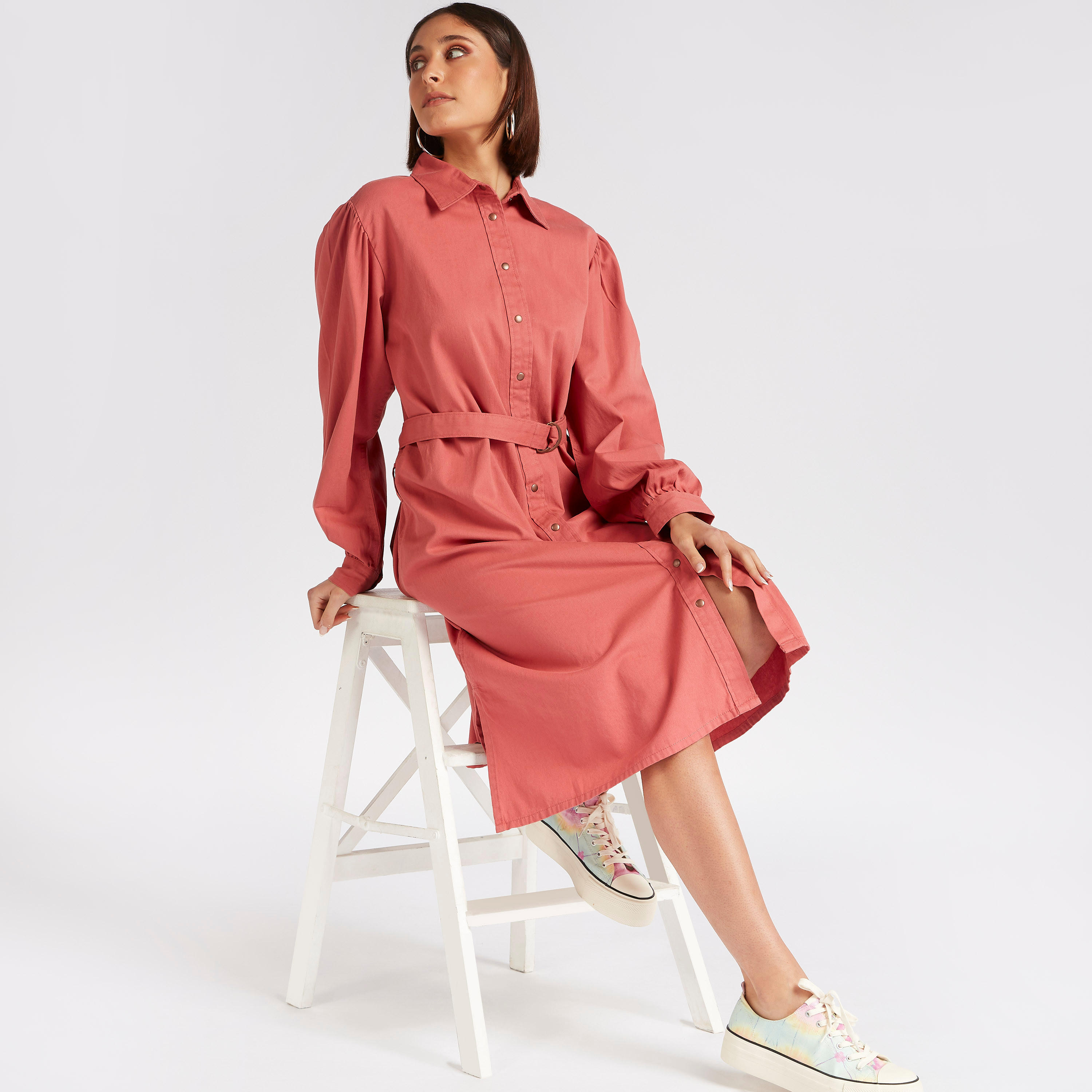 Solid Midi Belted Shirt Dress with Long Puff Sleeves-women-clothing-dresses-image-1
