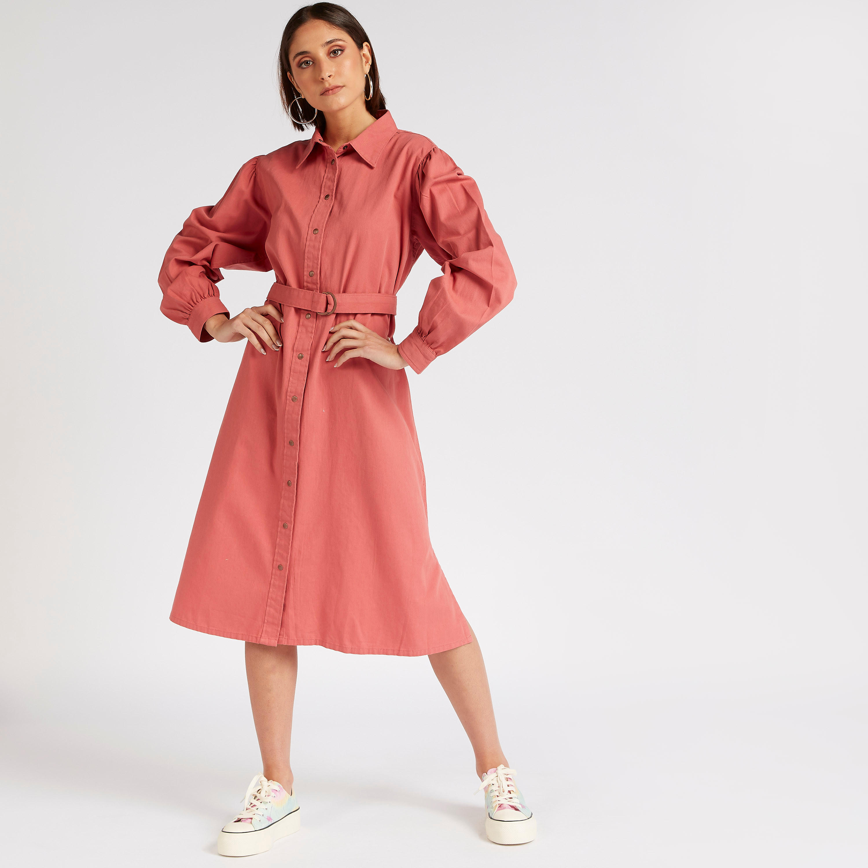 Solid Midi Belted Shirt Dress with Long Puff Sleeves-women-clothing-dresses-image-2