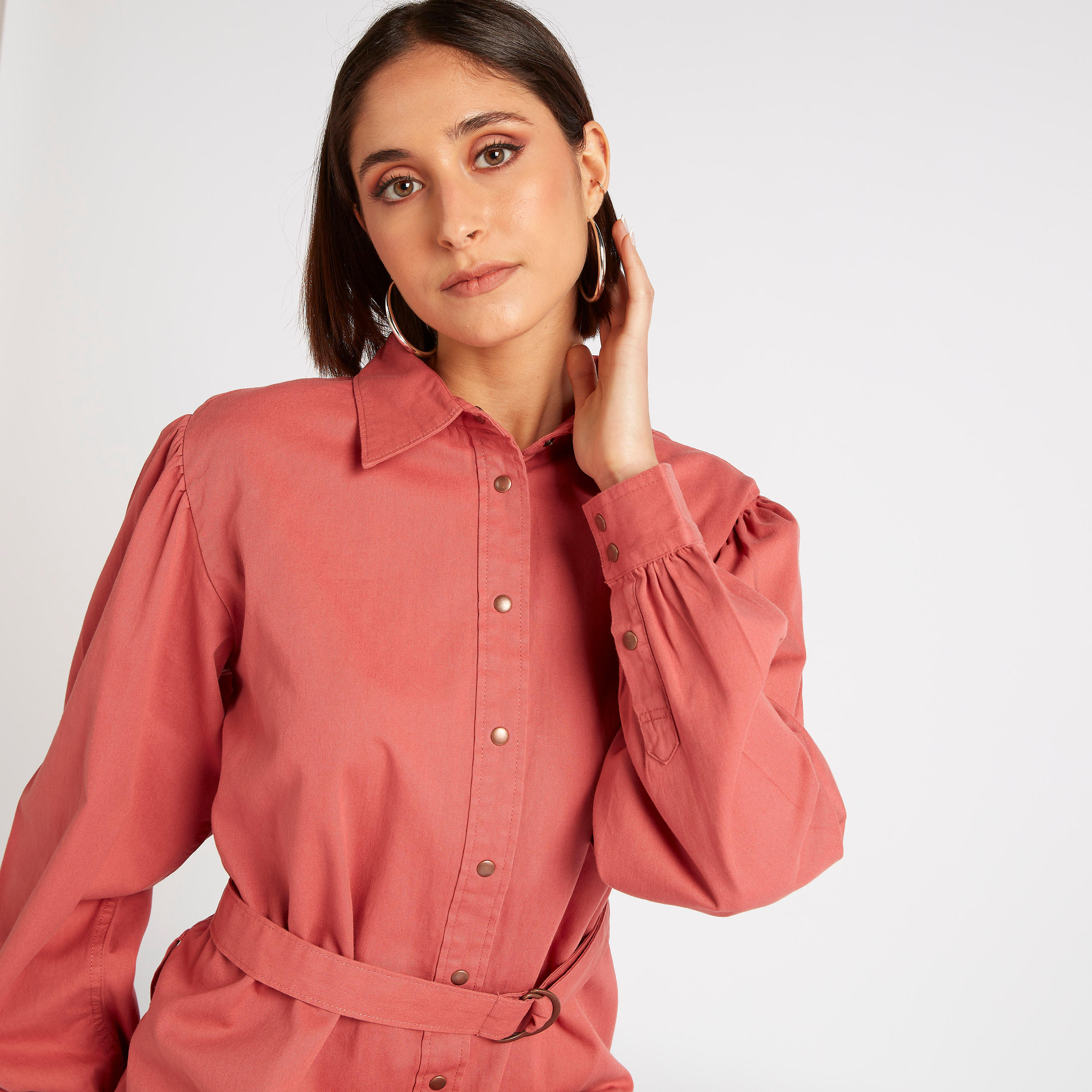 Solid Midi Belted Shirt Dress with Long Puff Sleeves-women-clothing-dresses-image-3