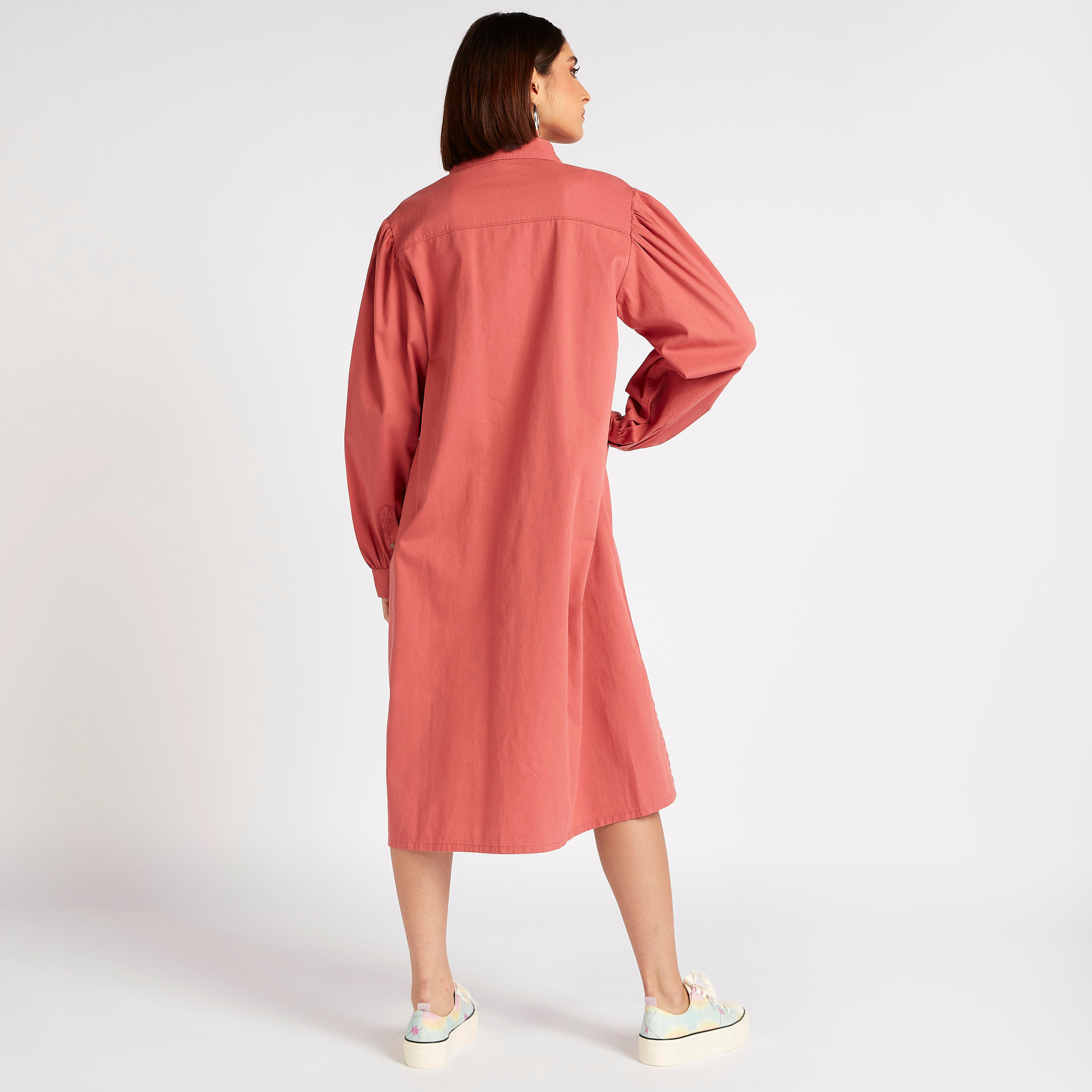 Solid Midi Belted Shirt Dress with Long Puff Sleeves-women-clothing-dresses-image-4