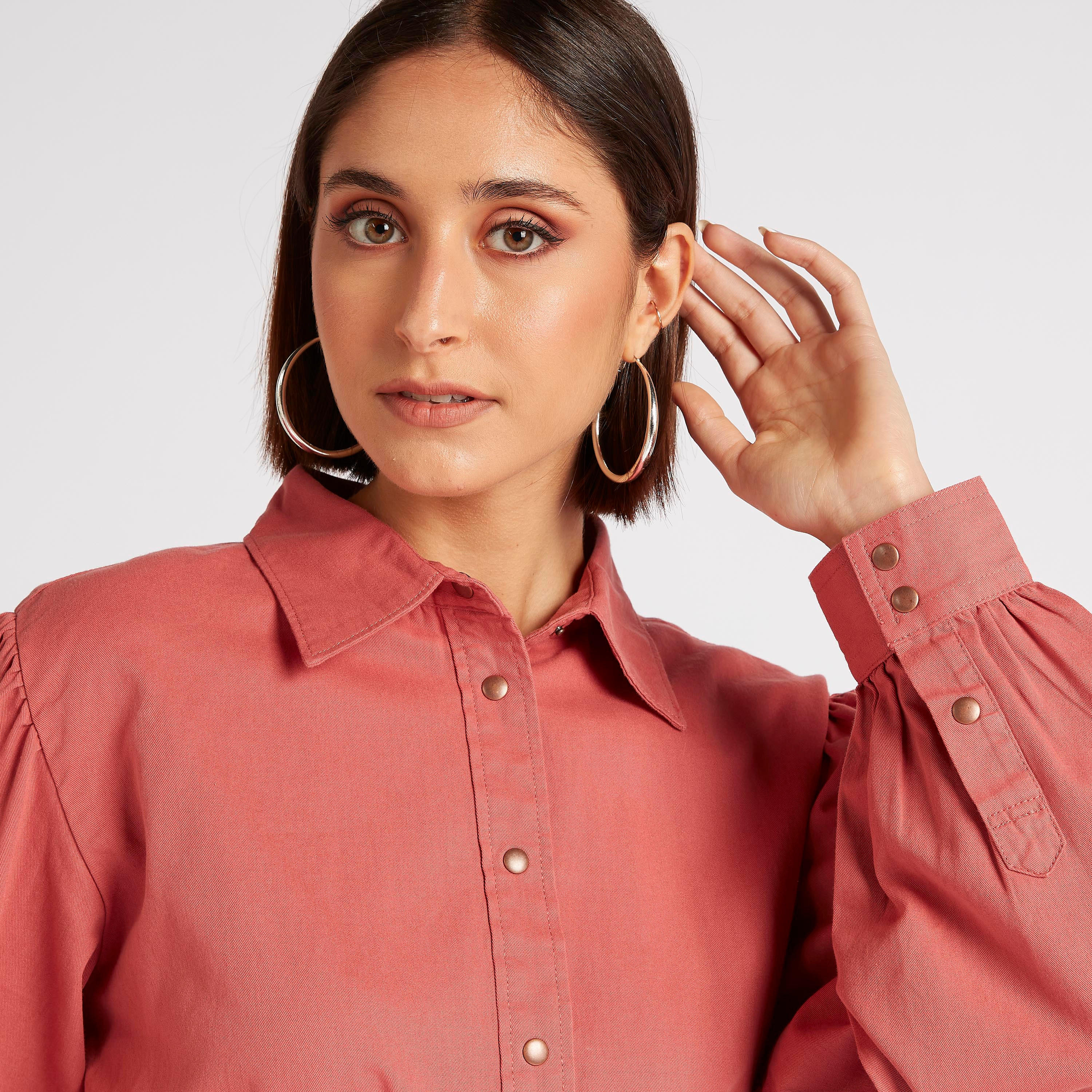 Solid Midi Belted Shirt Dress with Long Puff Sleeves-women-clothing-dresses-image-5