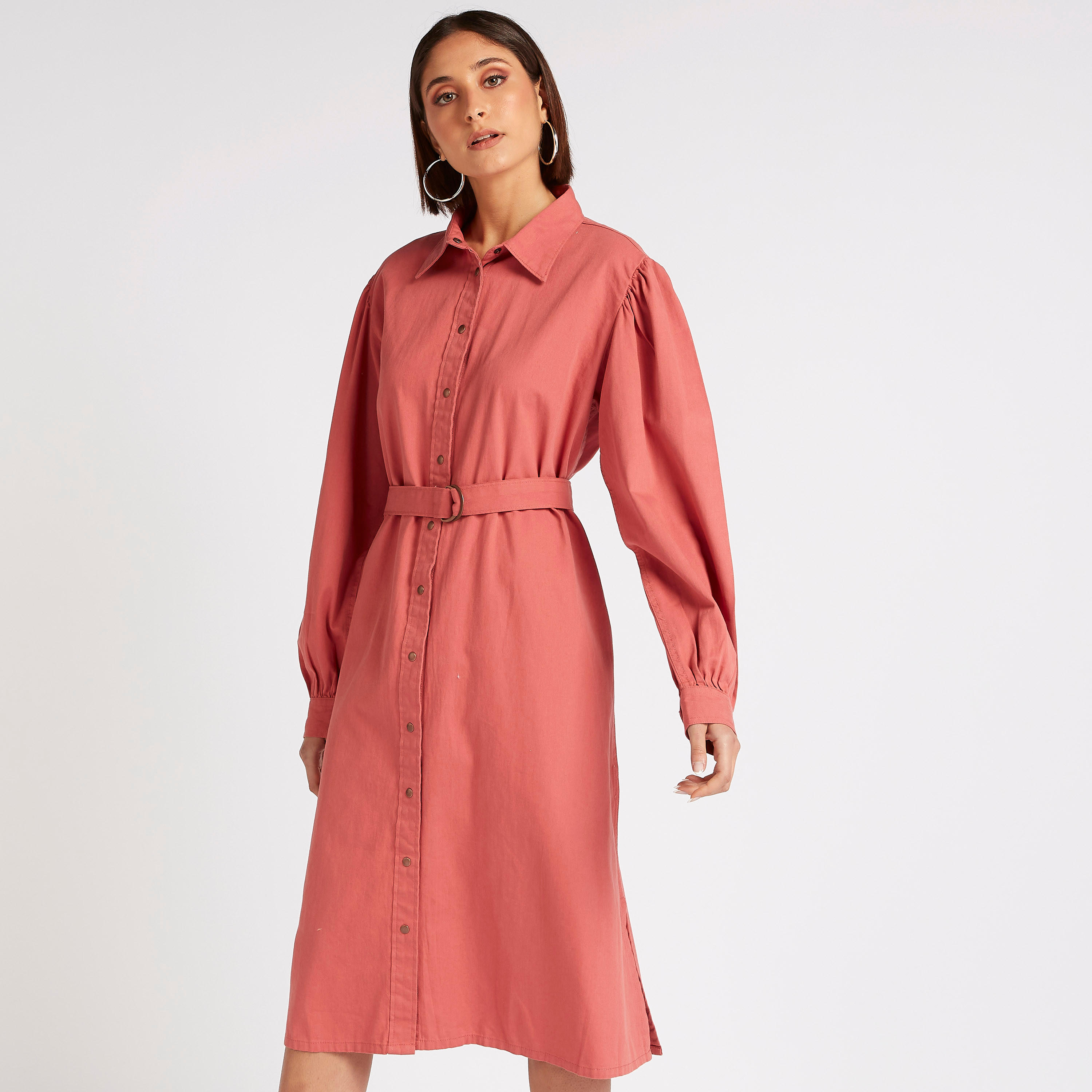 Solid Midi Belted Shirt Dress with Long Puff Sleeves-women-clothing-dresses-image-6