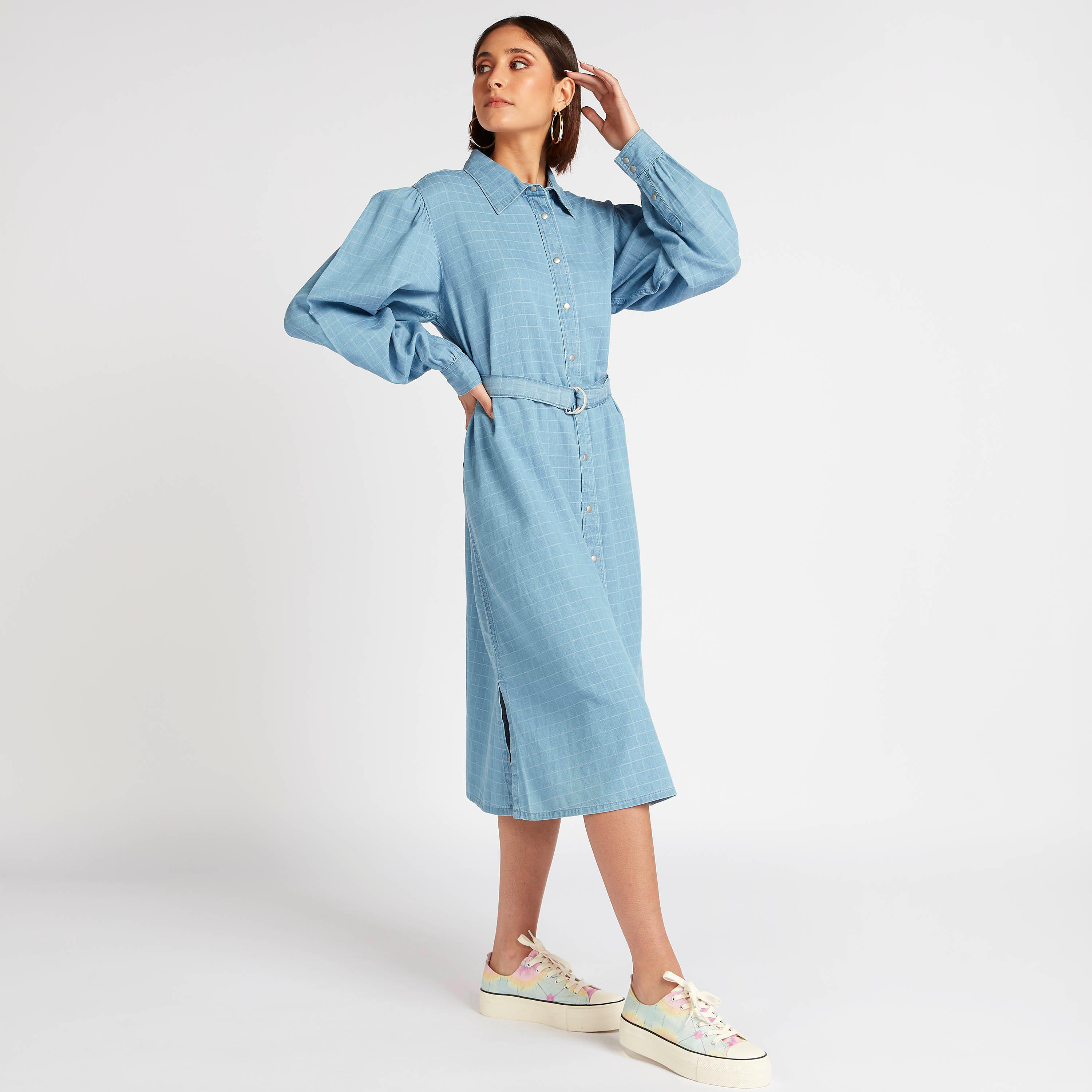 فستان قميص ميدي مربعات بأكمام طويلة-women-clothing-dresses-image-1