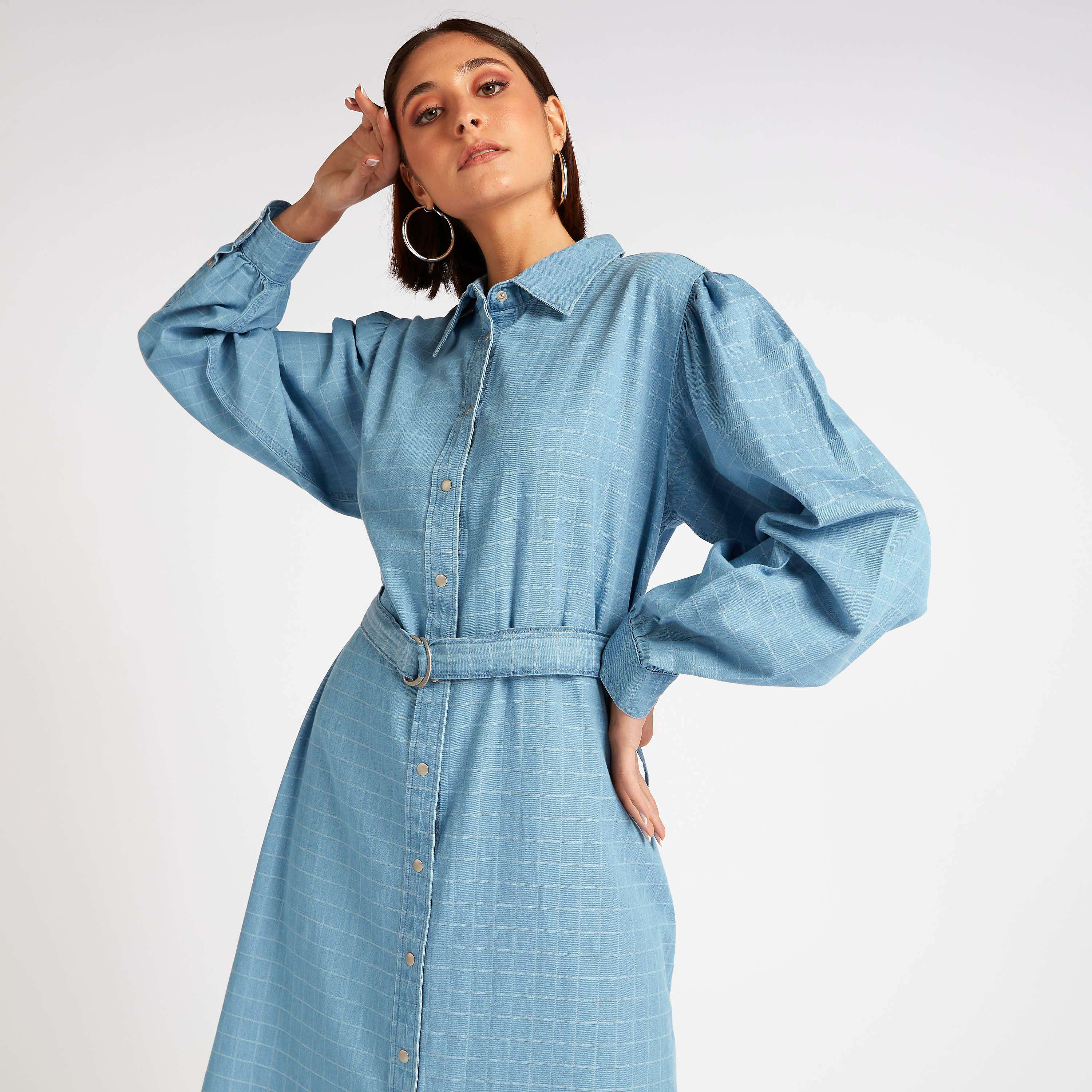 فستان قميص ميدي مربعات بأكمام طويلة-women-clothing-dresses-image-2