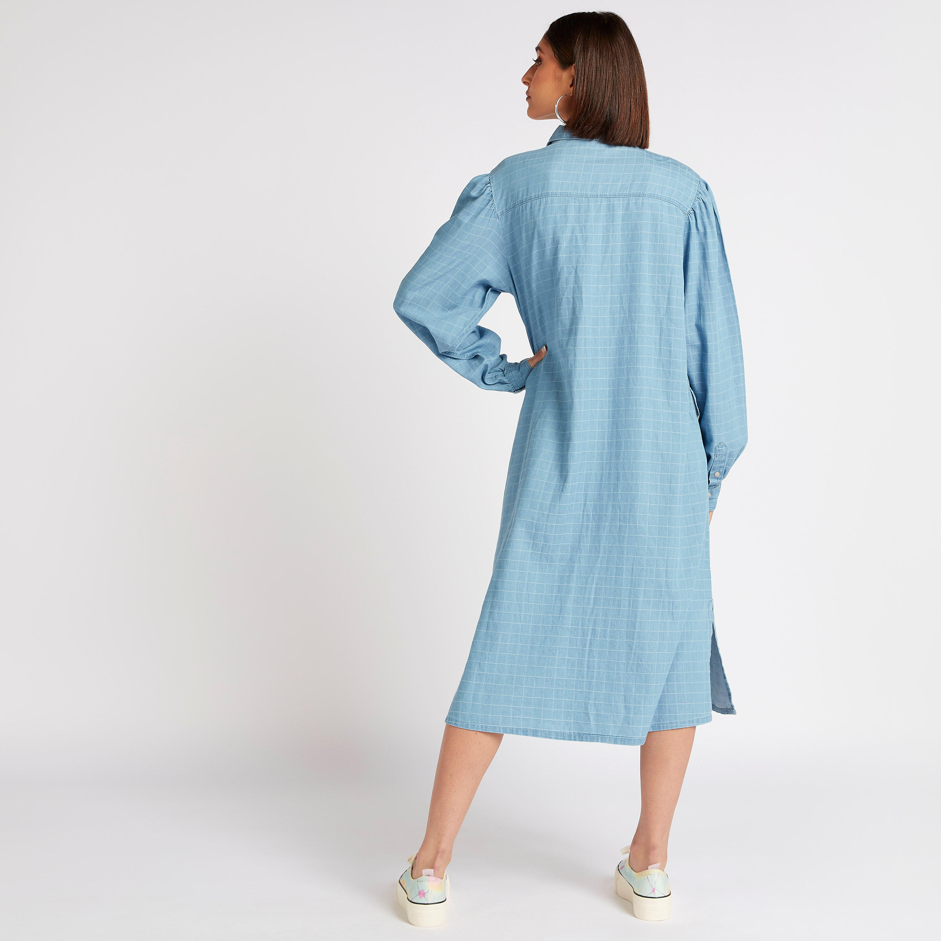 فستان قميص ميدي مربعات بأكمام طويلة-women-clothing-dresses-image-4