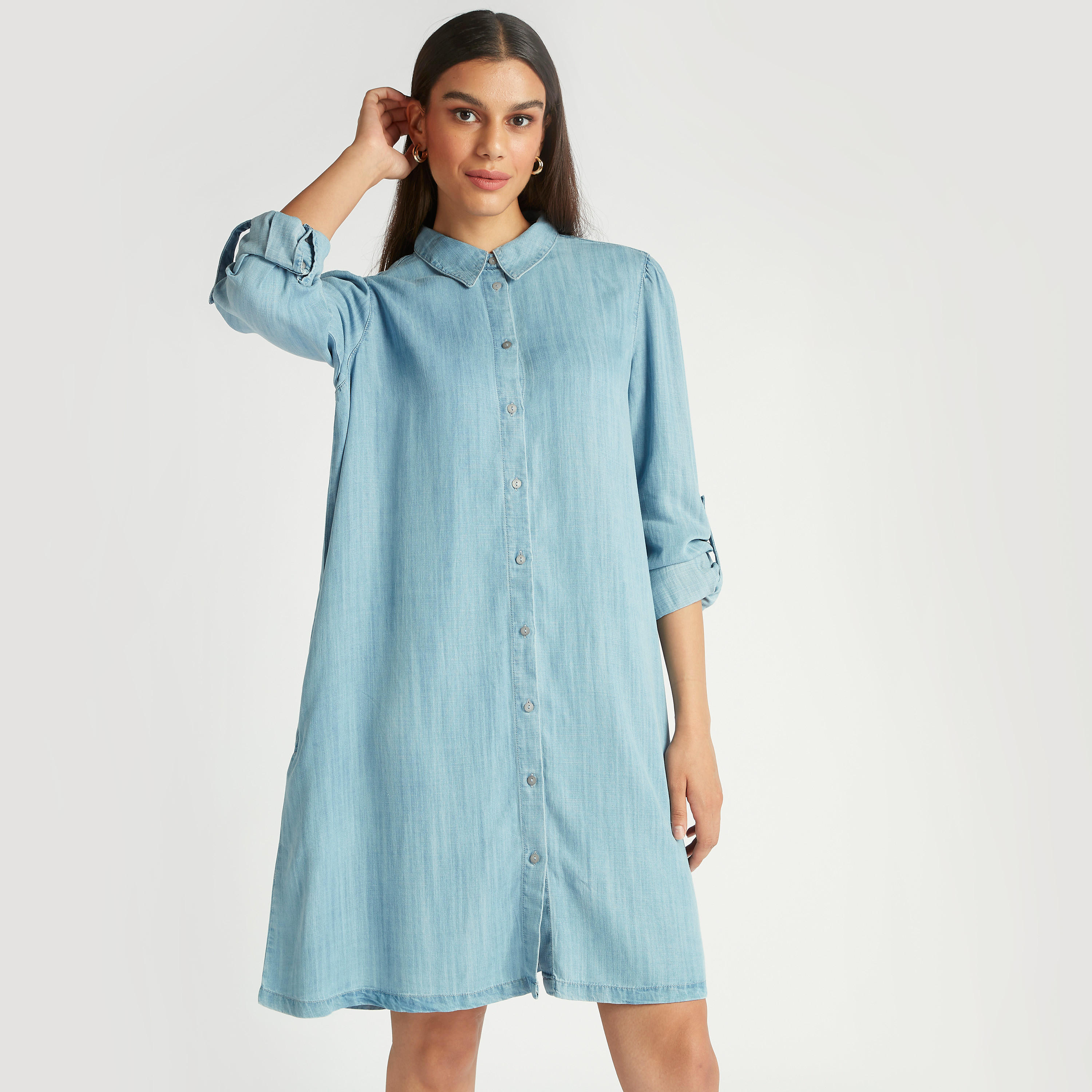 Solid Denim Collared Tunic with Long Sleeves and Pocket-women-clothing-shirtsandblouses-blouses-image-1